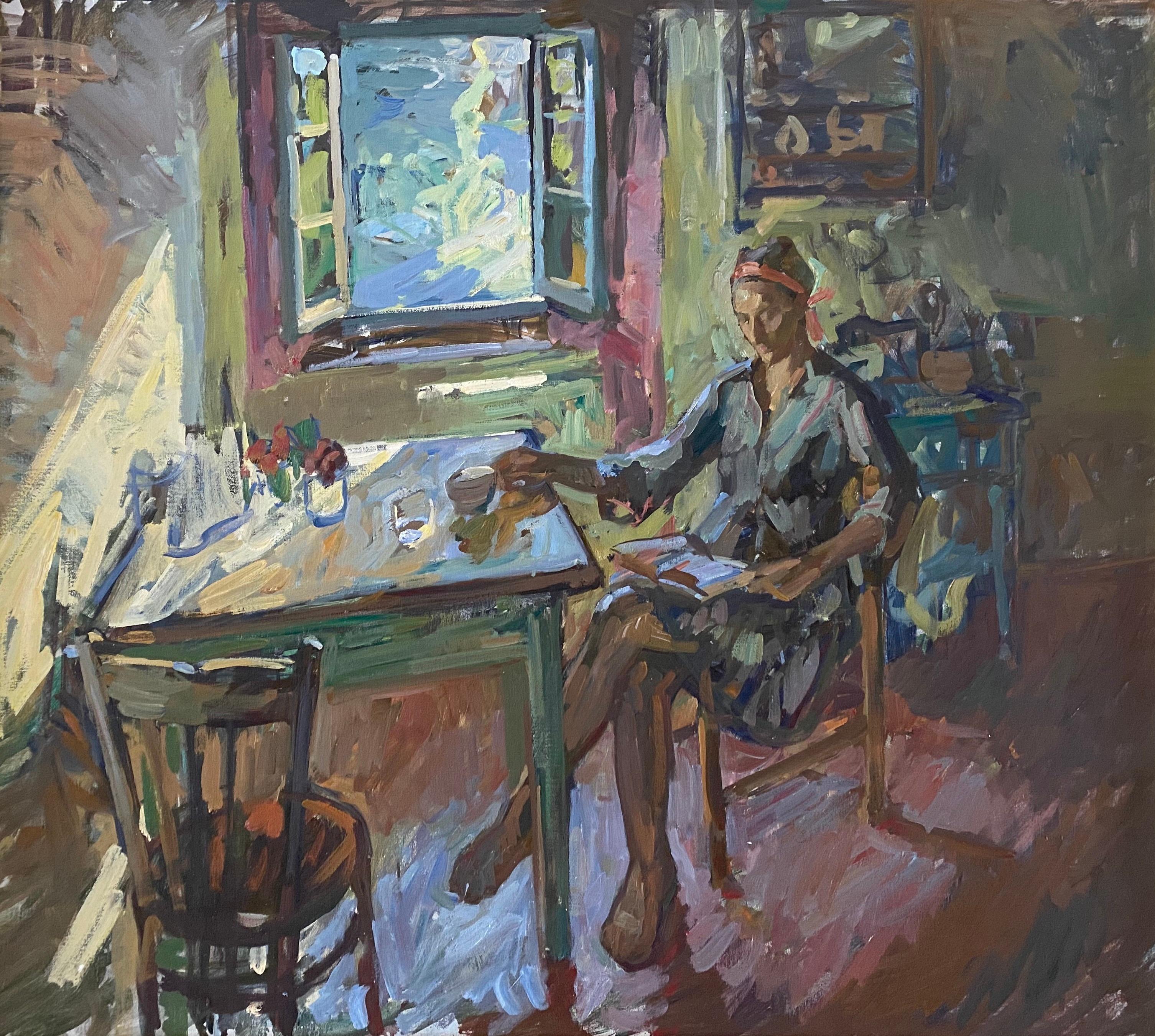 "Tea, Reading" impressionist composition of woman at the kitchen table, Tuscany