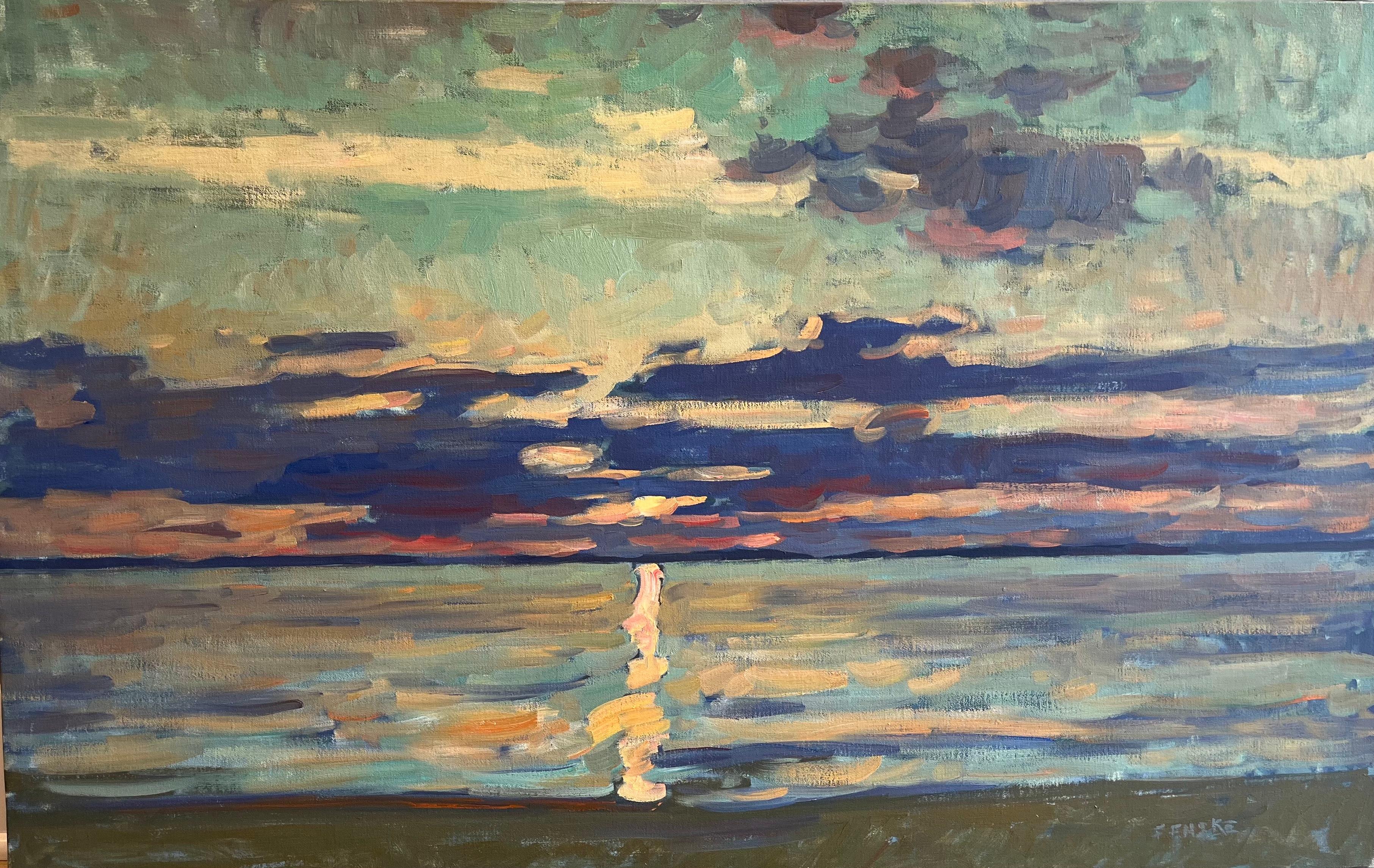Ben Fenske Abstract Painting - "Violet Horizon II" Neo Impressionist seascape on Long Island, en plein air