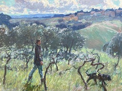 "Walking in the Vineyard" woman and dog walking in Tuscan countryside