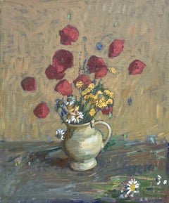 "Wild Flowers" Impressionist still life of poppies, daisies & daffodils in vase