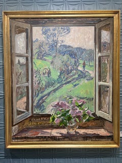 “Window Lilacs” Oil painting, interior still life with view of Tuscan landscape