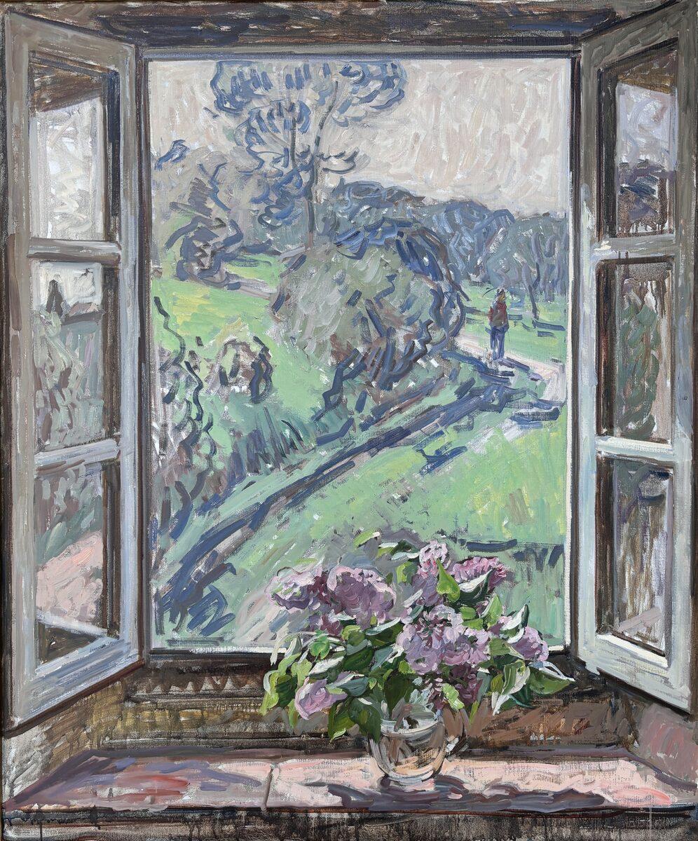 "Fensterflieder" Ölgemälde, Interieur-Stillleben mit Blick auf toskanische Landschaft