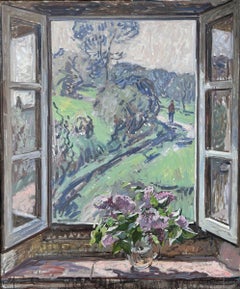 "Fensterflieder" Ölgemälde, Interieur-Stillleben mit Blick auf toskanische Landschaft