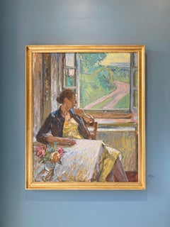 "Window" modern impressionist painting of woman gazing into Tuscan countryside