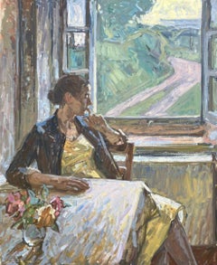 "Finestra", quadro impressionista moderno di donna che guarda la campagna toscana