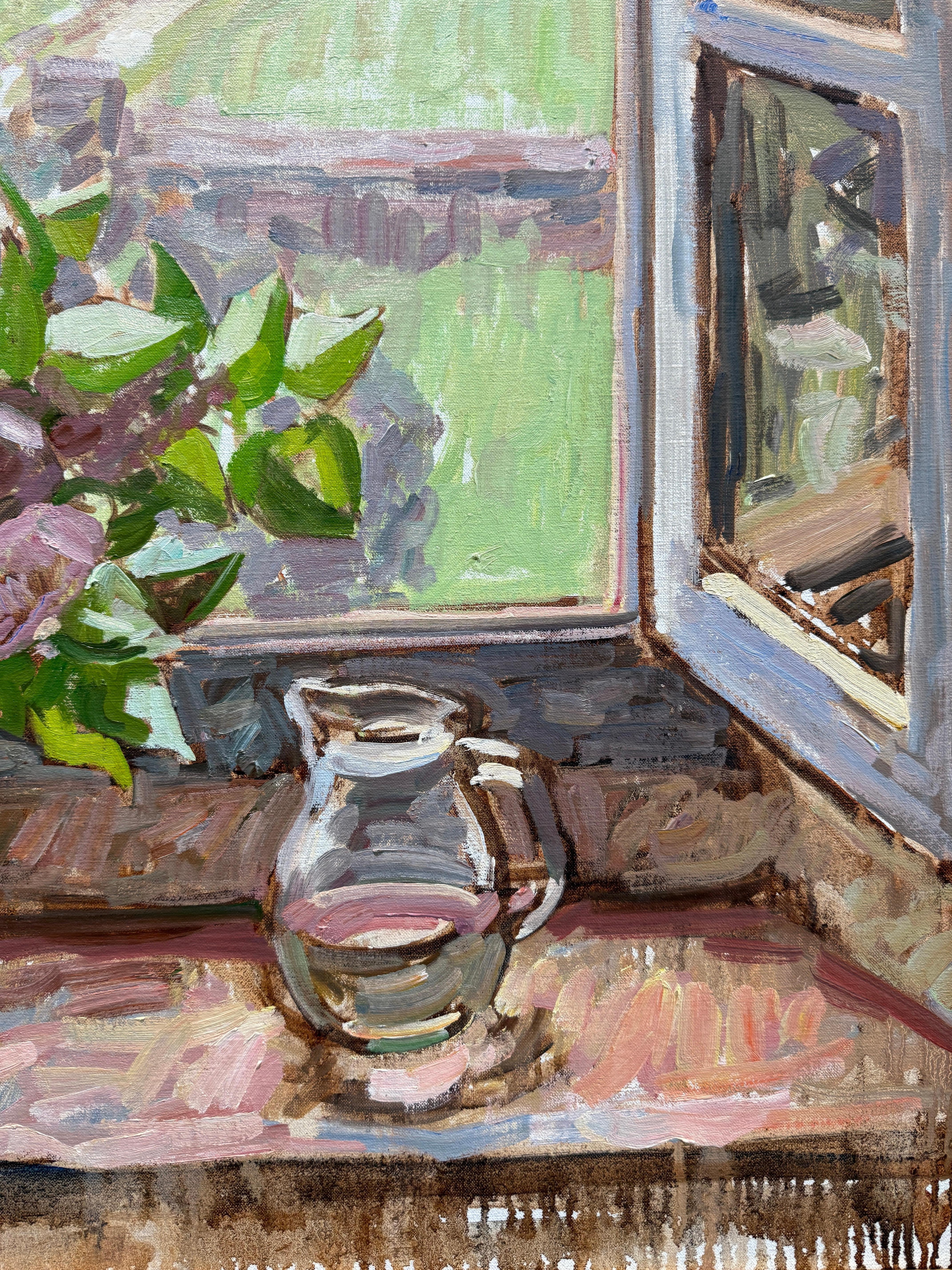 “Window, Spring” Oil painting, interior still life with view of Tuscan landscape For Sale 5