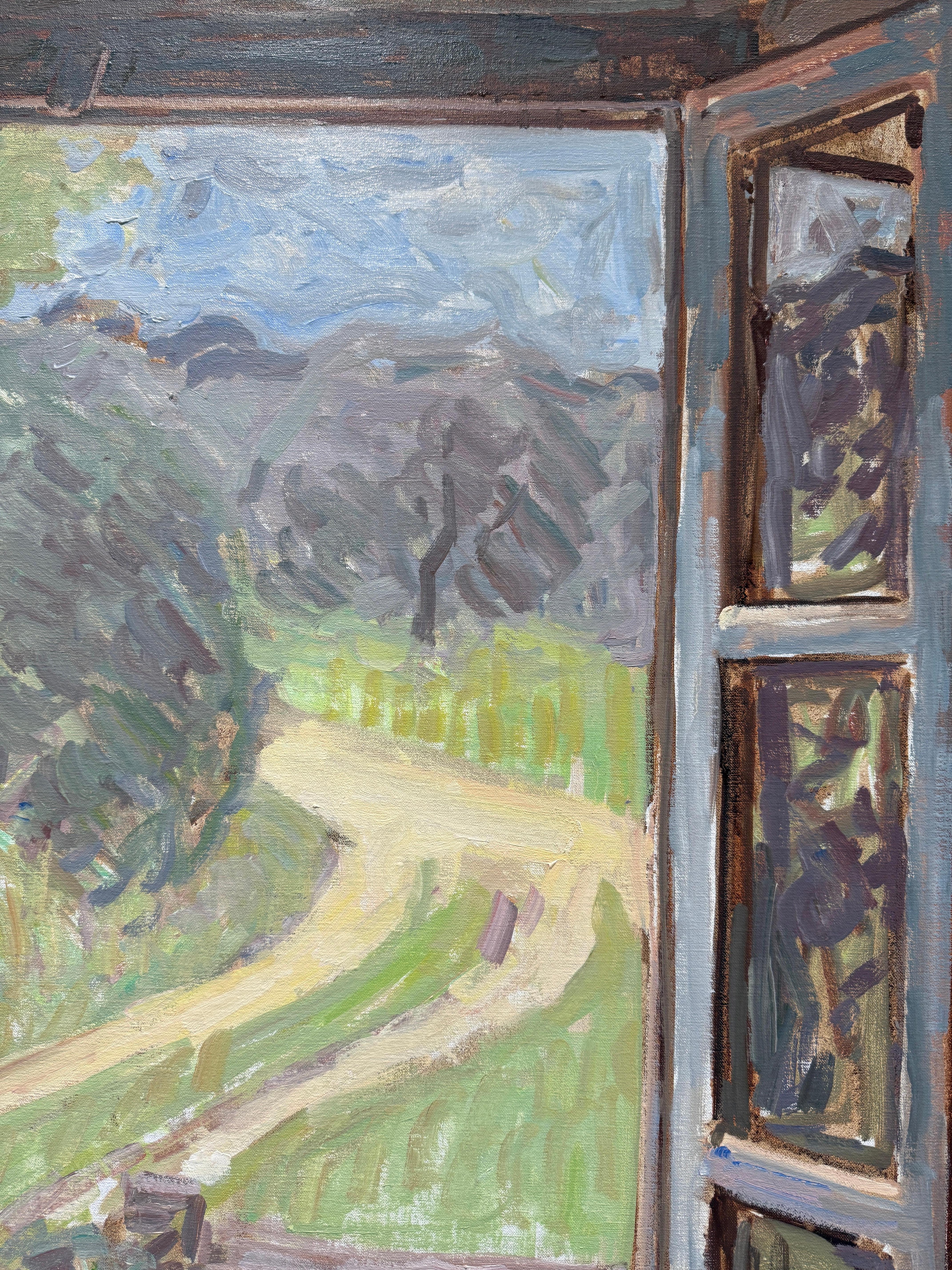 “Window, Spring” Oil painting, interior still life with view of Tuscan landscape For Sale 7