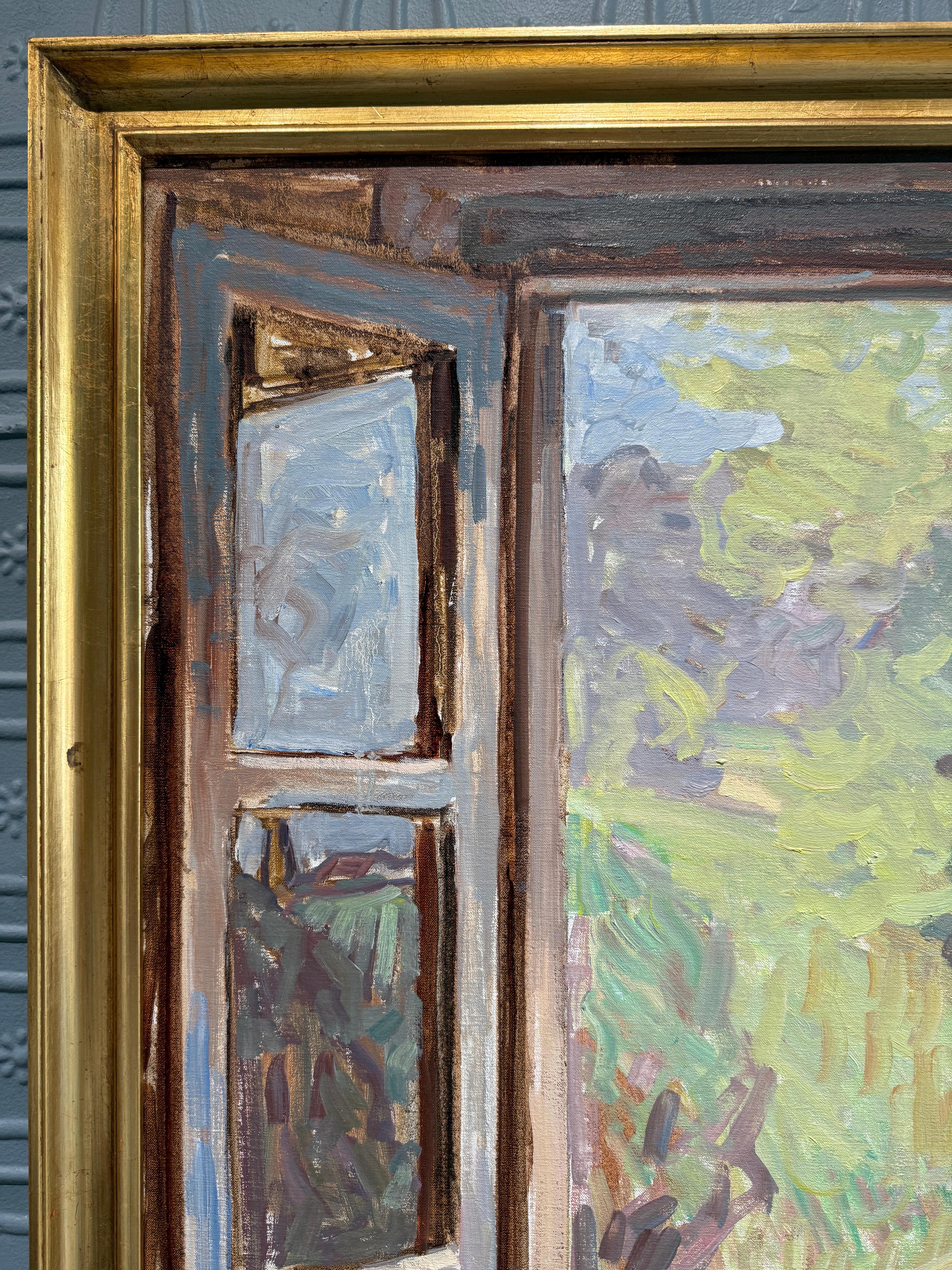 “Window, Spring” Oil painting, interior still life with view of Tuscan landscape For Sale 8
