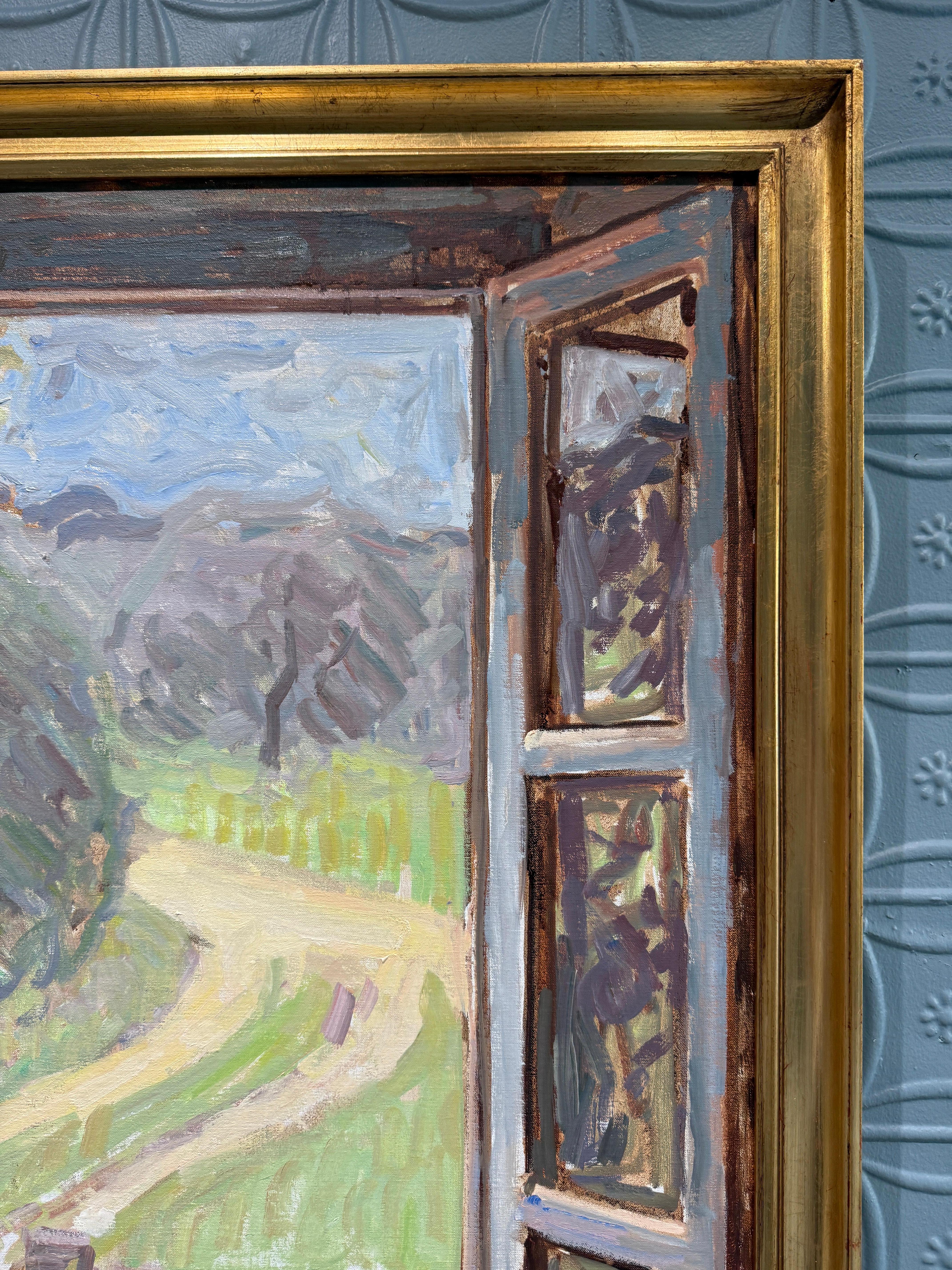 “Window, Spring” Oil painting, interior still life with view of Tuscan landscape For Sale 9