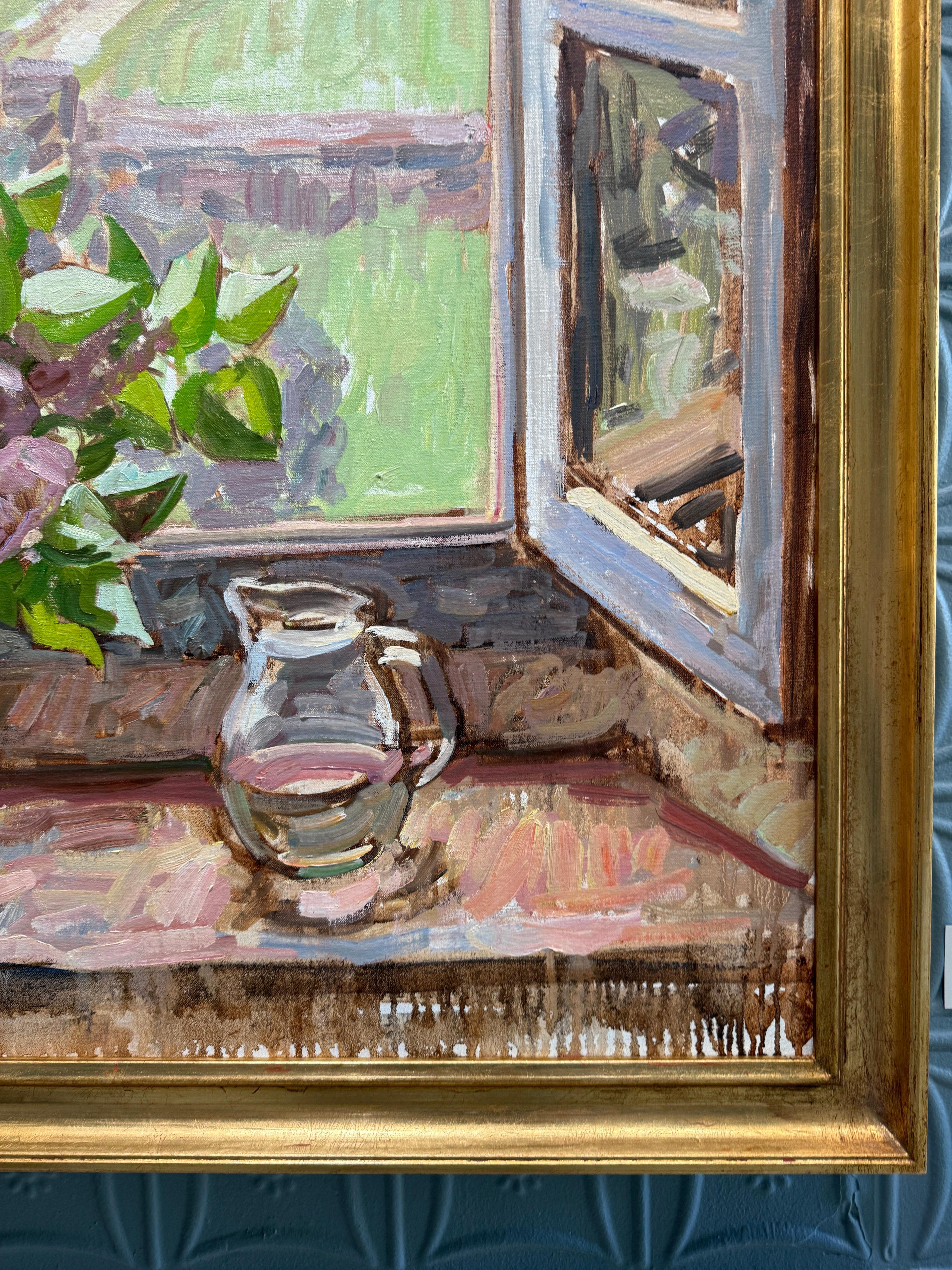 “Window, Spring” Oil painting, interior still life with view of Tuscan landscape For Sale 10