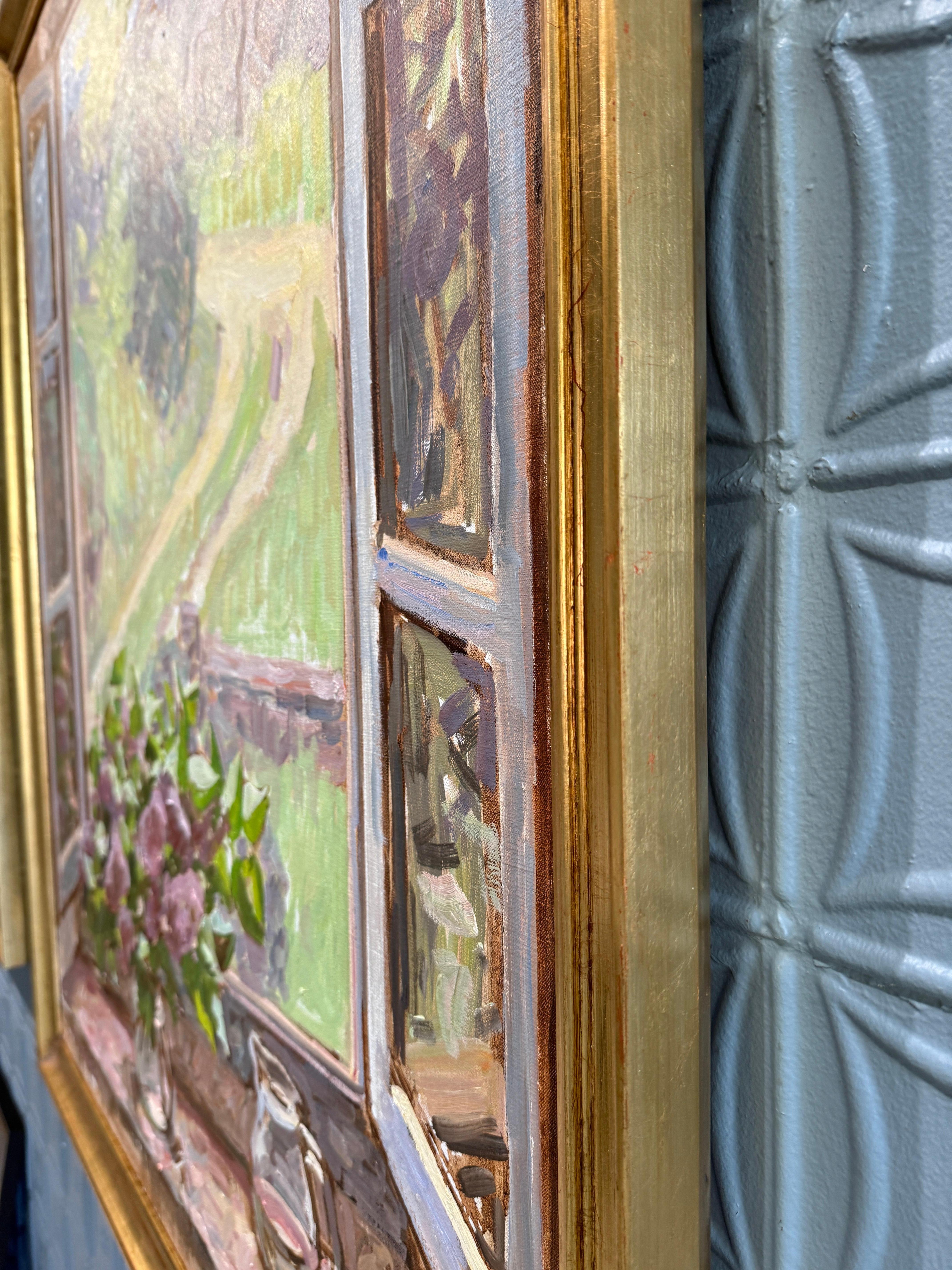 “Window, Spring” Oil painting, interior still life with view of Tuscan landscape For Sale 11