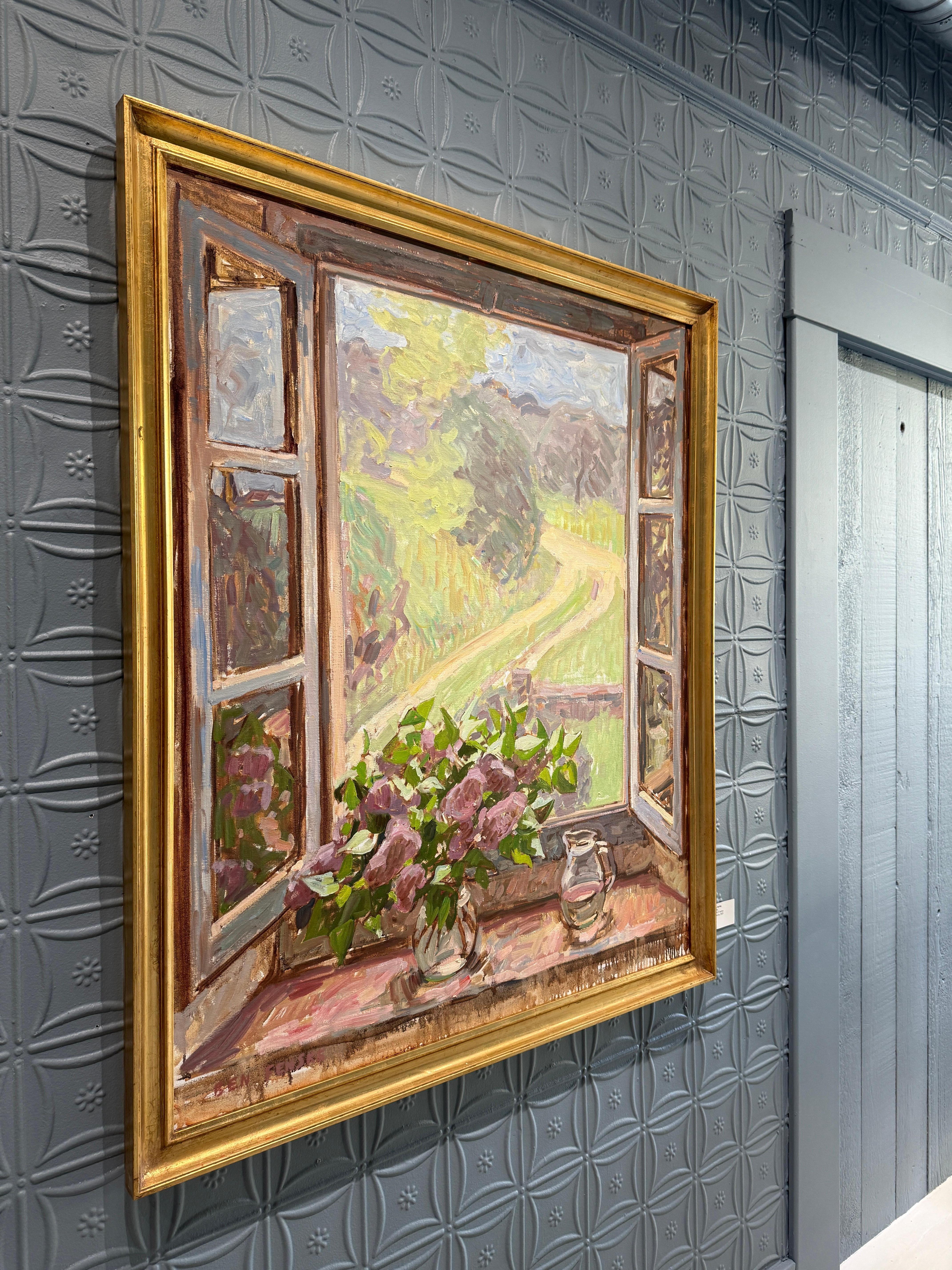 “Window, Spring” Oil painting, interior still life with view of Tuscan landscape For Sale 12