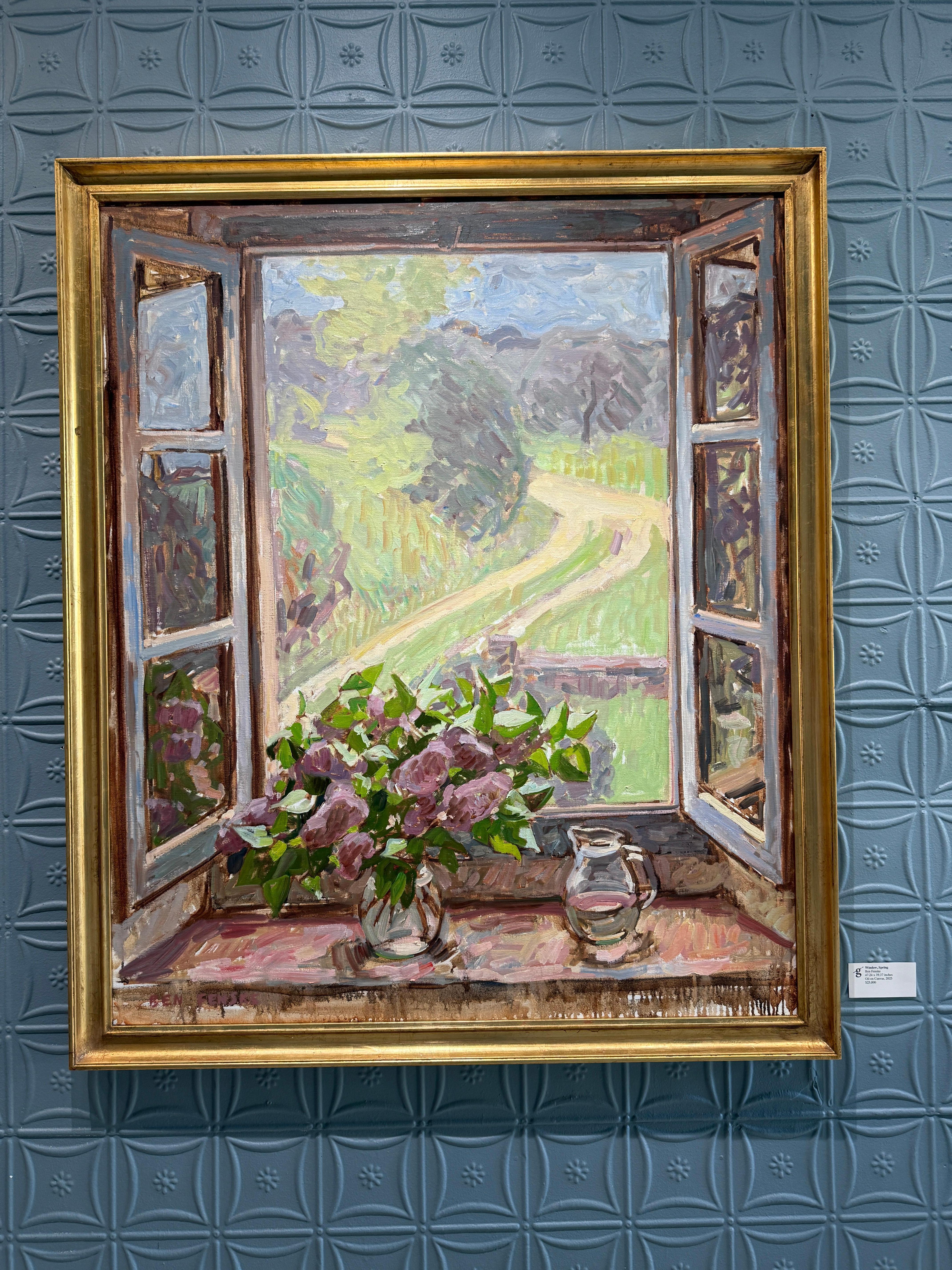 “Window, Spring” Oil painting, interior still life with view of Tuscan landscape - Painting by Ben Fenske