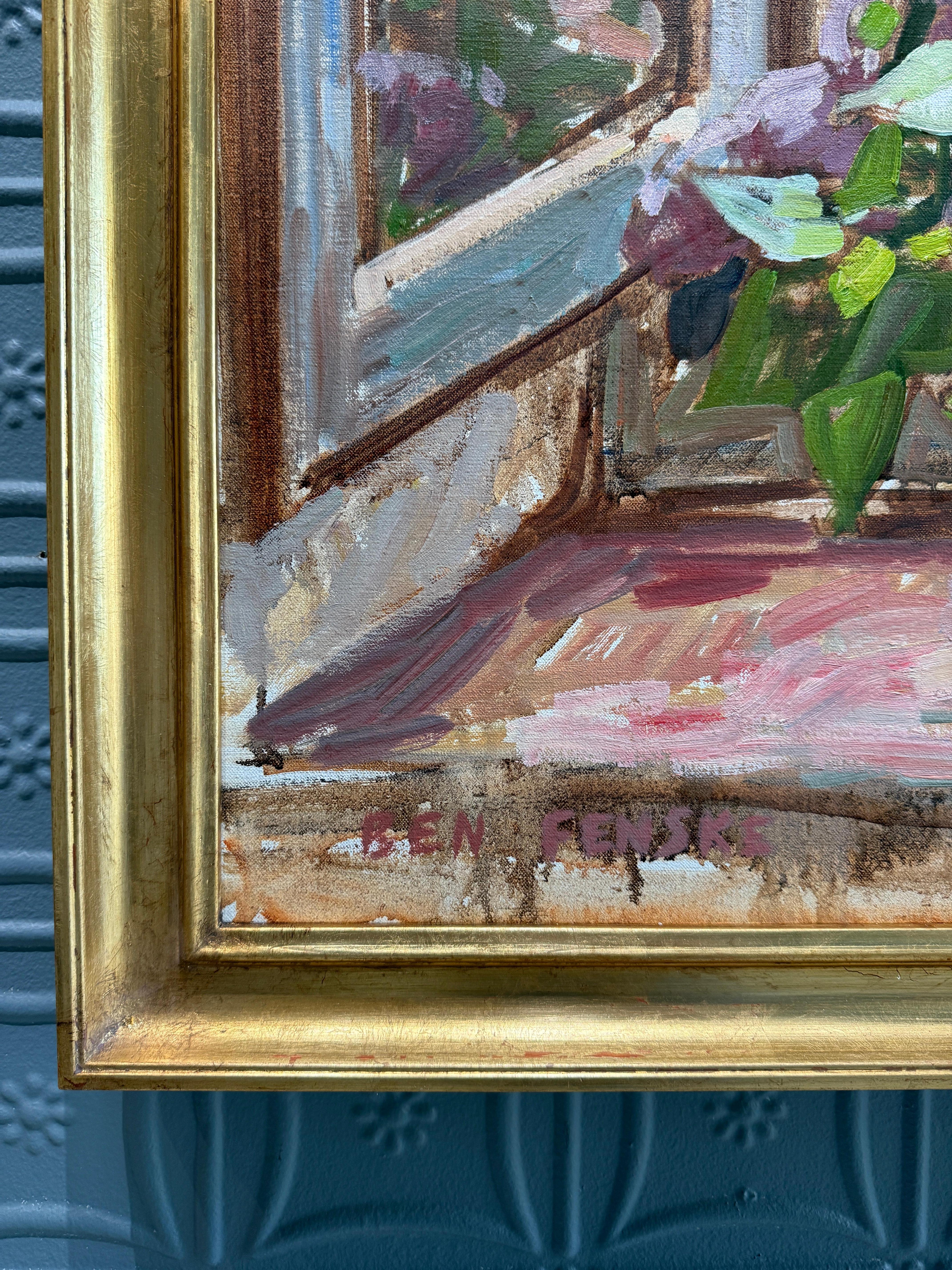“Window, Spring” Oil painting, interior still life with view of Tuscan landscape - American Impressionist Painting by Ben Fenske