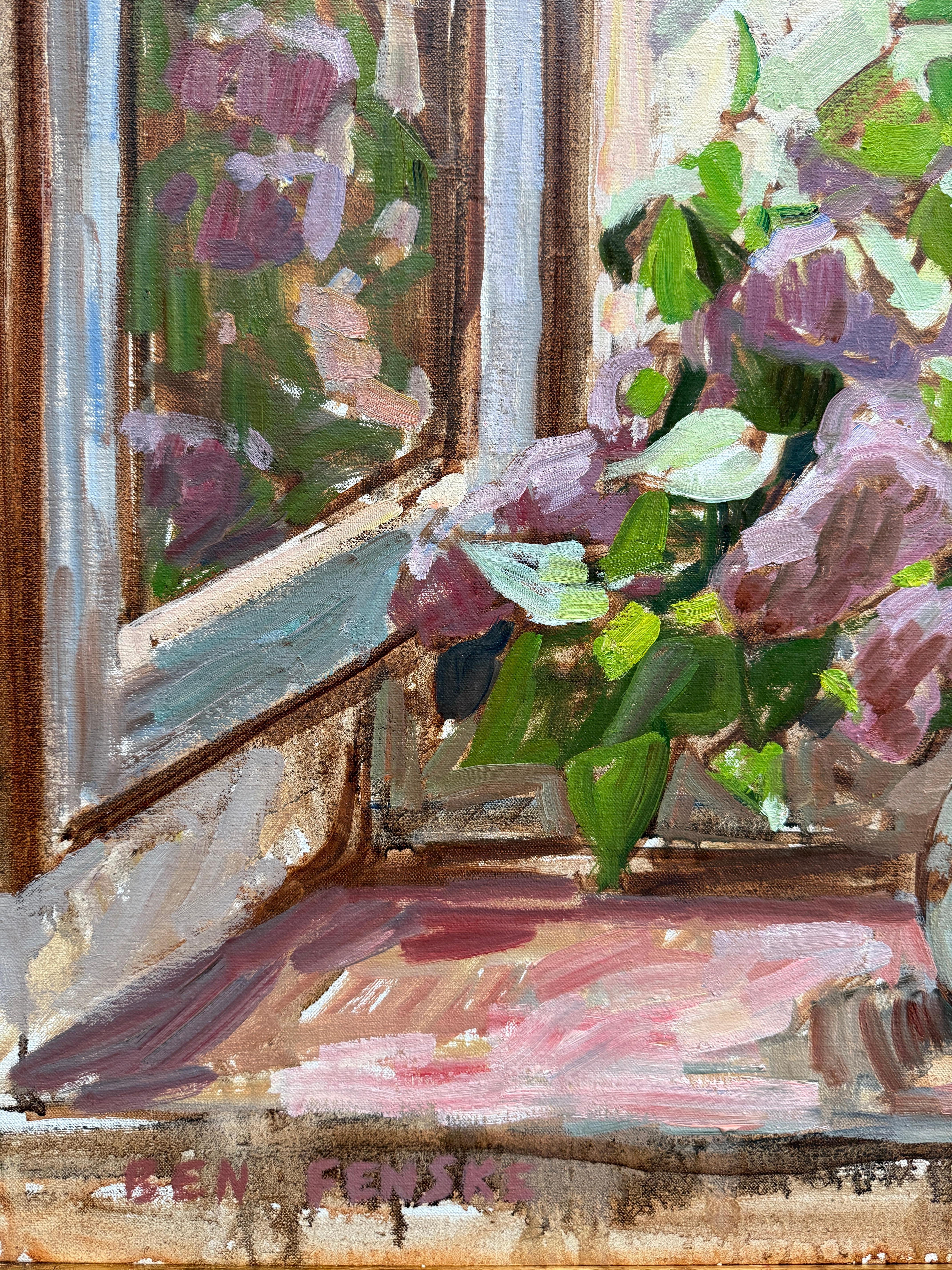 An oil painting of lilacs and a water-pitcher on a window-sill, looking out towards a winding driveway, leading away from the Tuscan Farmhouse the scene is set within. 

Signed 