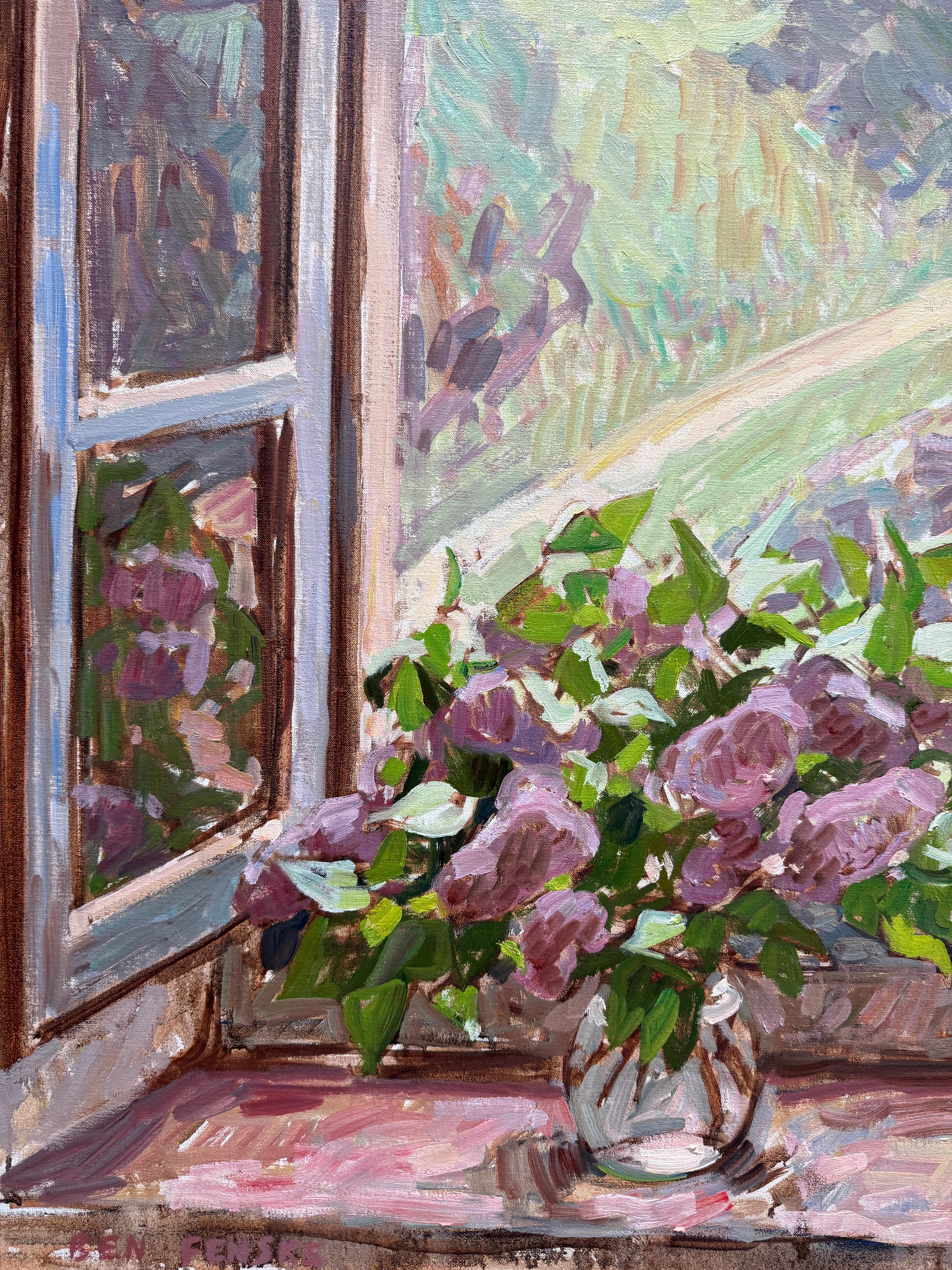 “Window, Spring” Oil painting, interior still life with view of Tuscan landscape For Sale 1