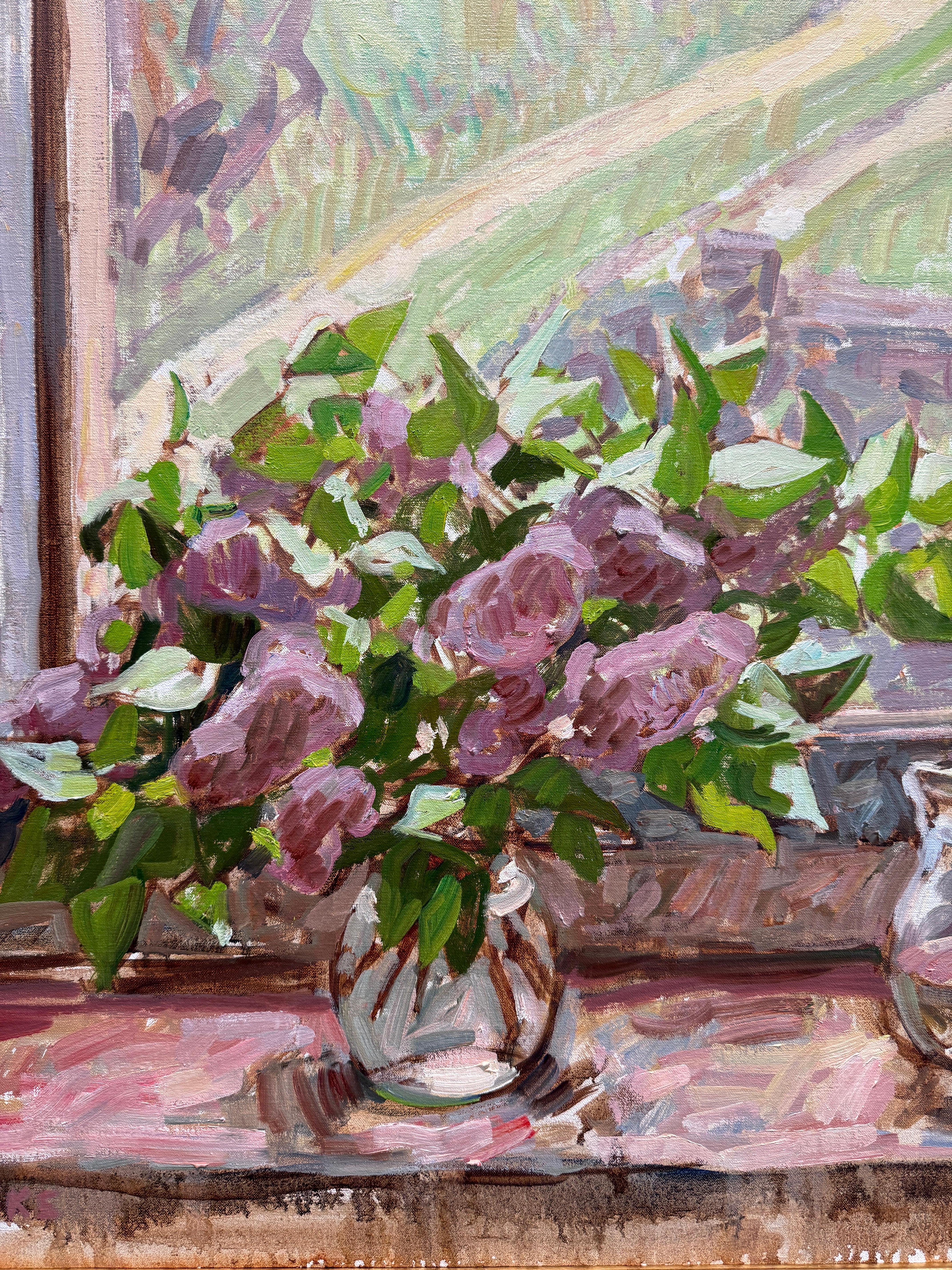 “Window, Spring” Oil painting, interior still life with view of Tuscan landscape For Sale 2