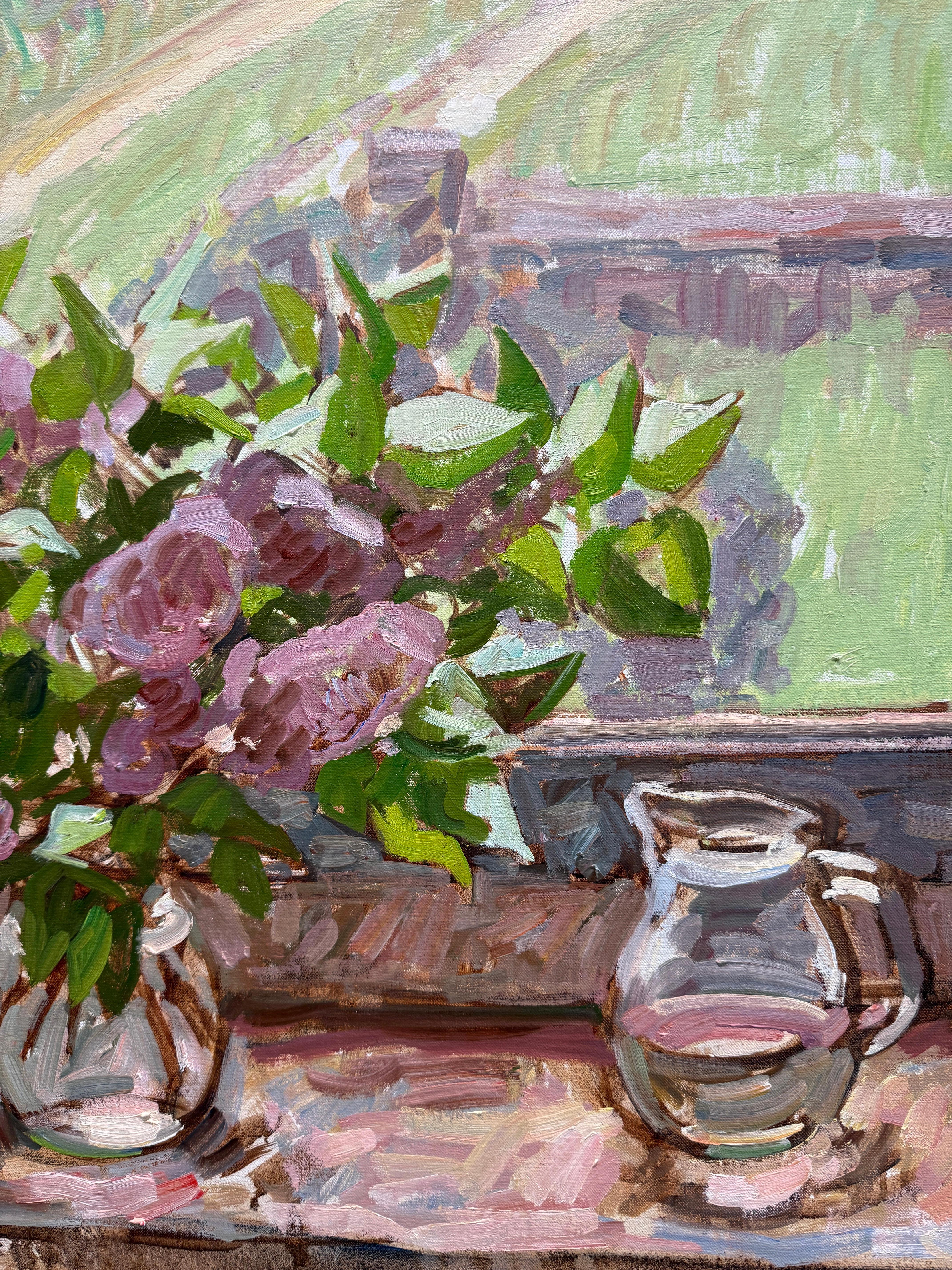“Window, Spring” Oil painting, interior still life with view of Tuscan landscape For Sale 4