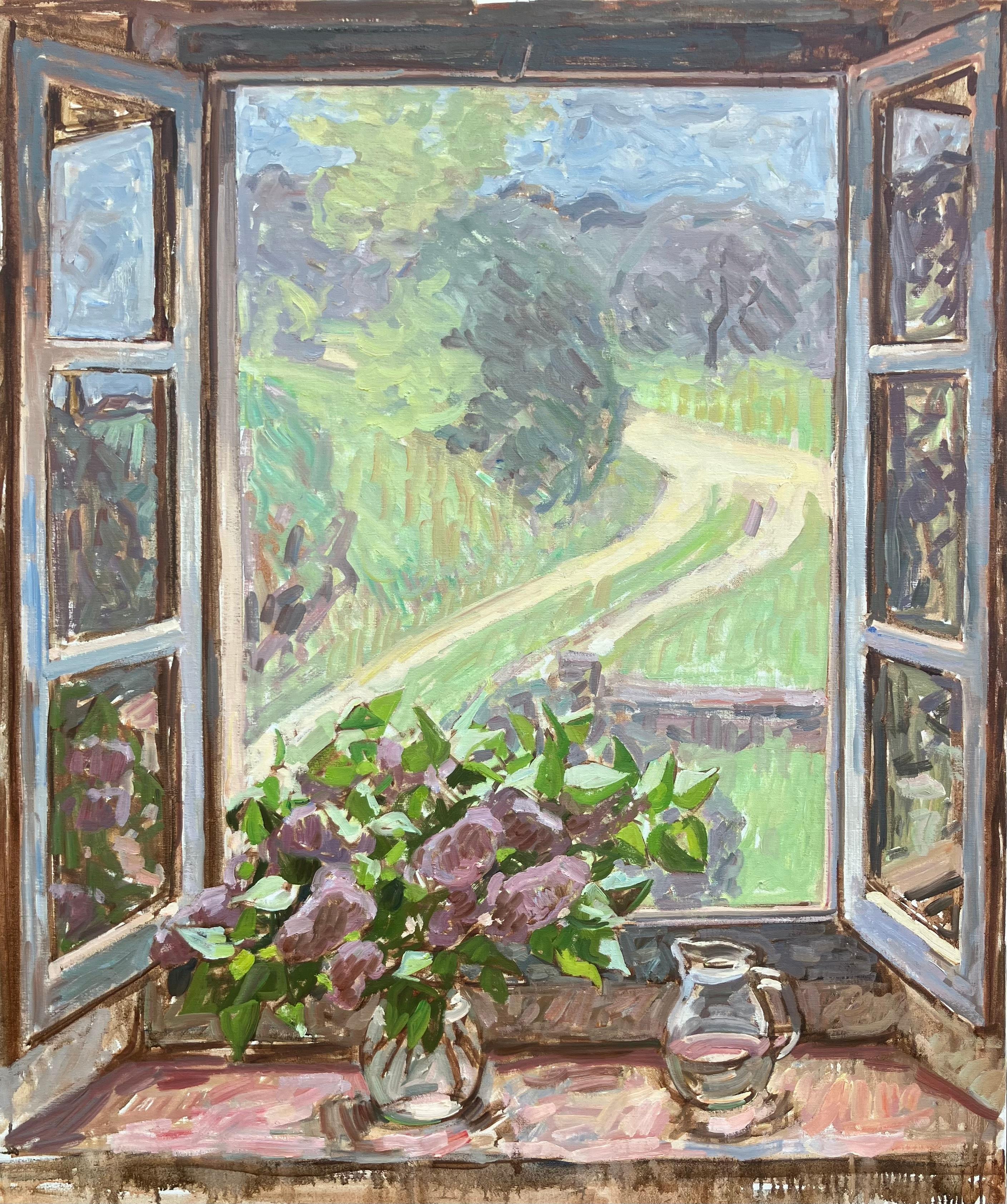 "Fenster, Frühling" Ölgemälde, Interieur-Stillleben mit Blick auf eine toskanische Landschaft