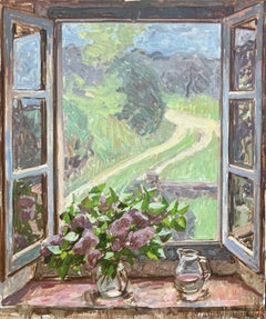"Fenster, Frühling" Ölgemälde, Interieur-Stillleben mit Blick auf eine toskanische Landschaft