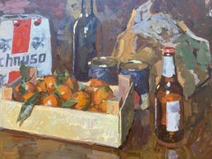 "Winter Still Life" oil painting beer, clementines on rustic wooden table, Italy