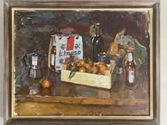 "Winter Still Life" drinks and clementines on rustic wooden table, Italy