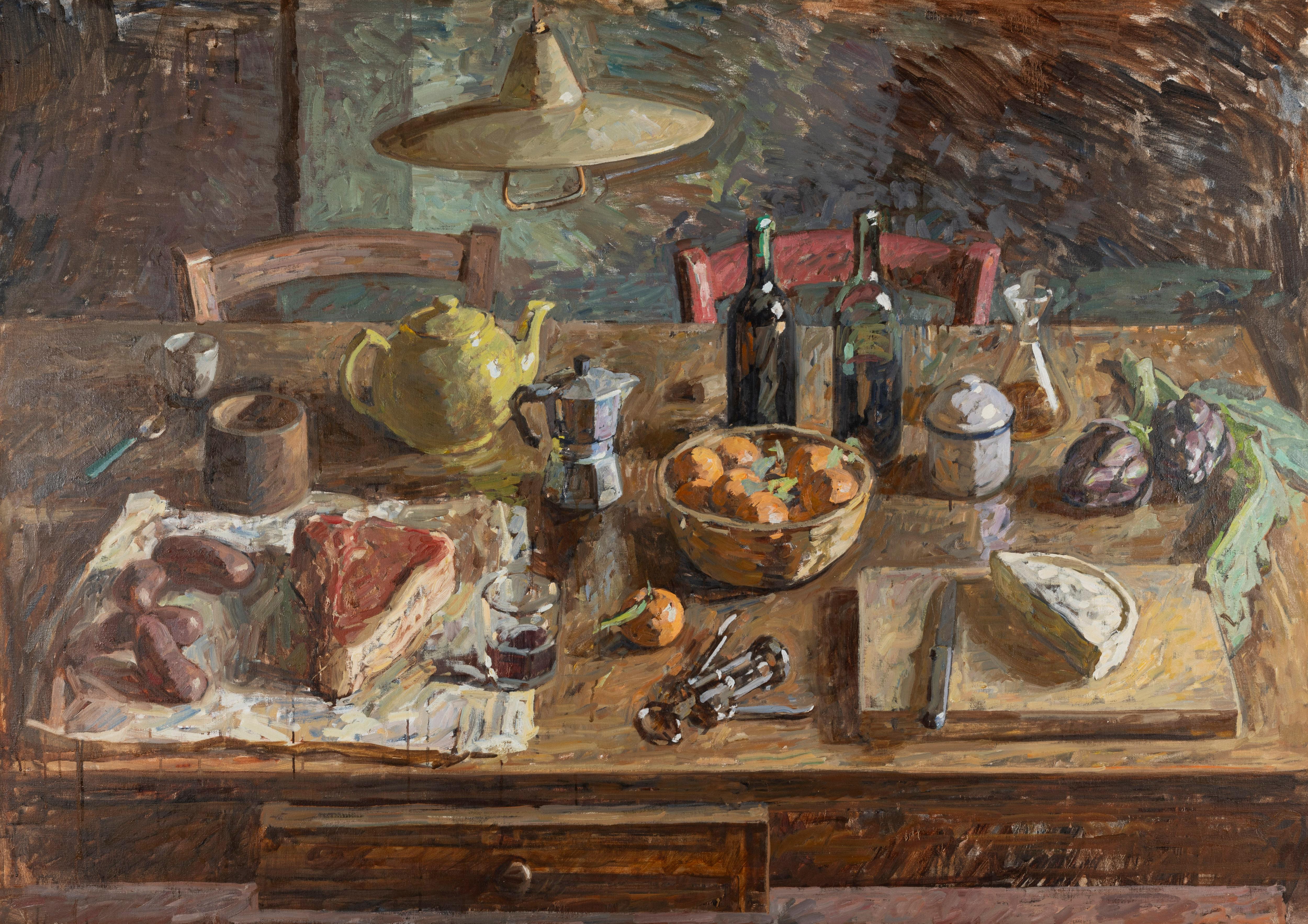 Ben Fenske Interior Painting - "Winter Table" Neo Impressionist rustic still life of fresh Tuscan ingredients