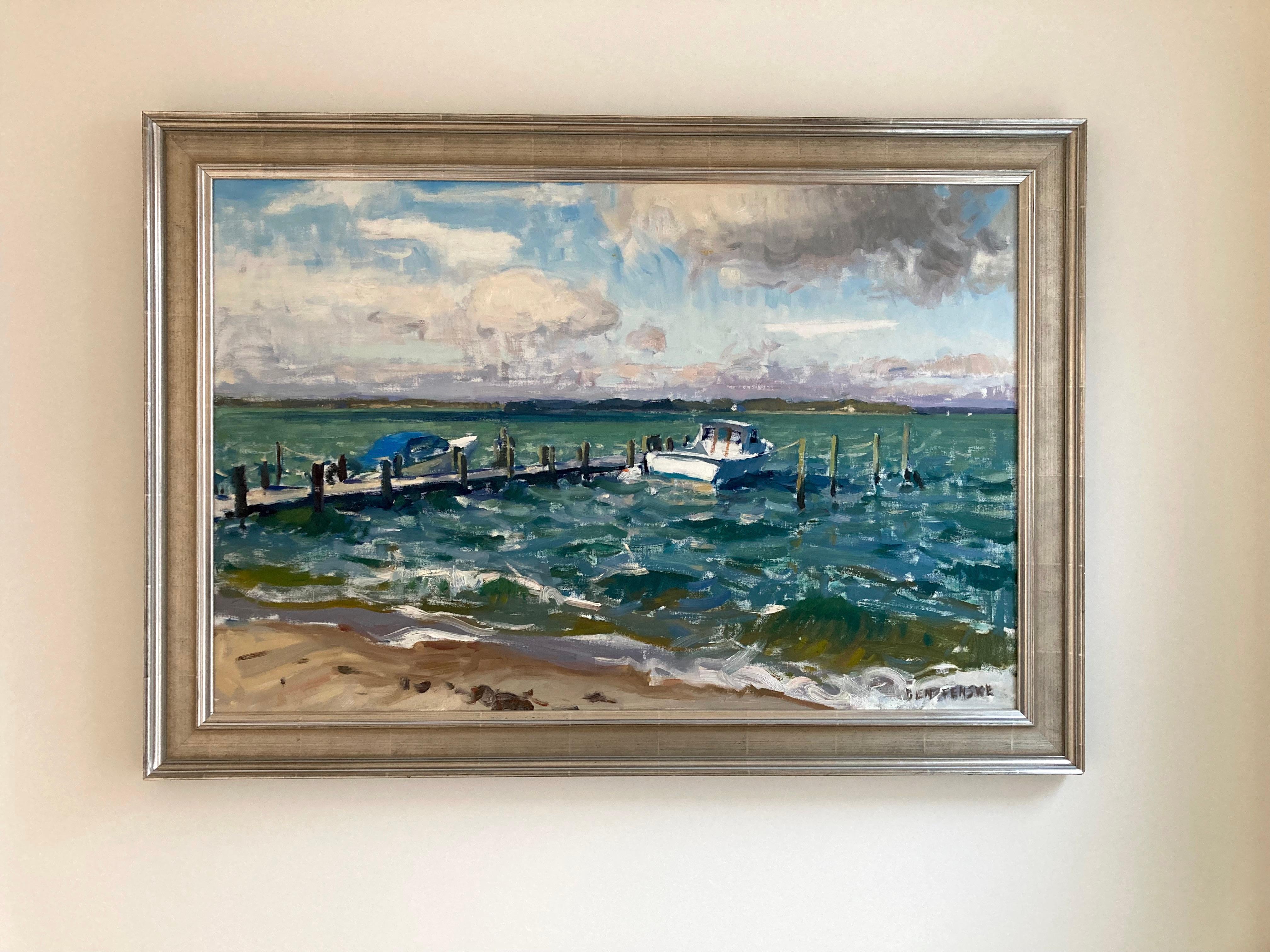„Working Girl“ Impressionistische Ansicht eines Fischerbootes in der Bucht von Long Island – Painting von Ben Fenske