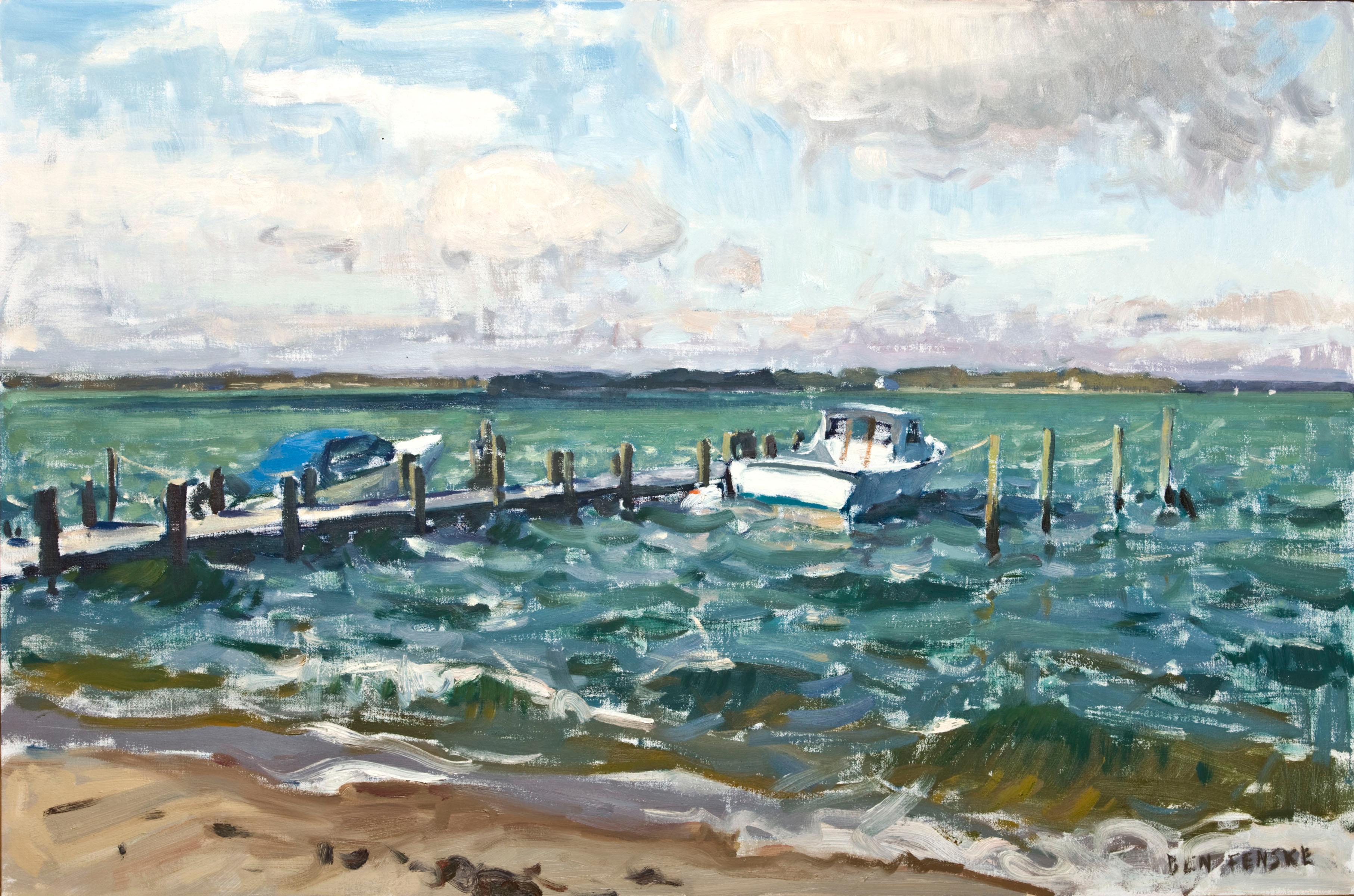 Landscape Painting Ben Fenske - « Working Girl », vue impressionniste d'un bateau de pêche sur les eaux de la baie de Long Island