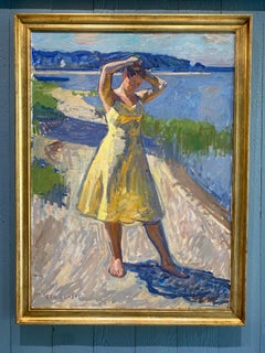 "Yellow Dress" contemporary figurative oil painting of a woman at beach, framed