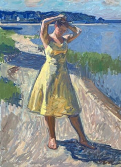 "Yellow Dress" dipinto a olio figurativo contemporaneo di donna su una spiaggia assolata