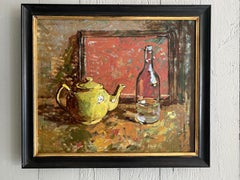 "Yellow Teapot" bright impressionist still life with red tray and glass bottle