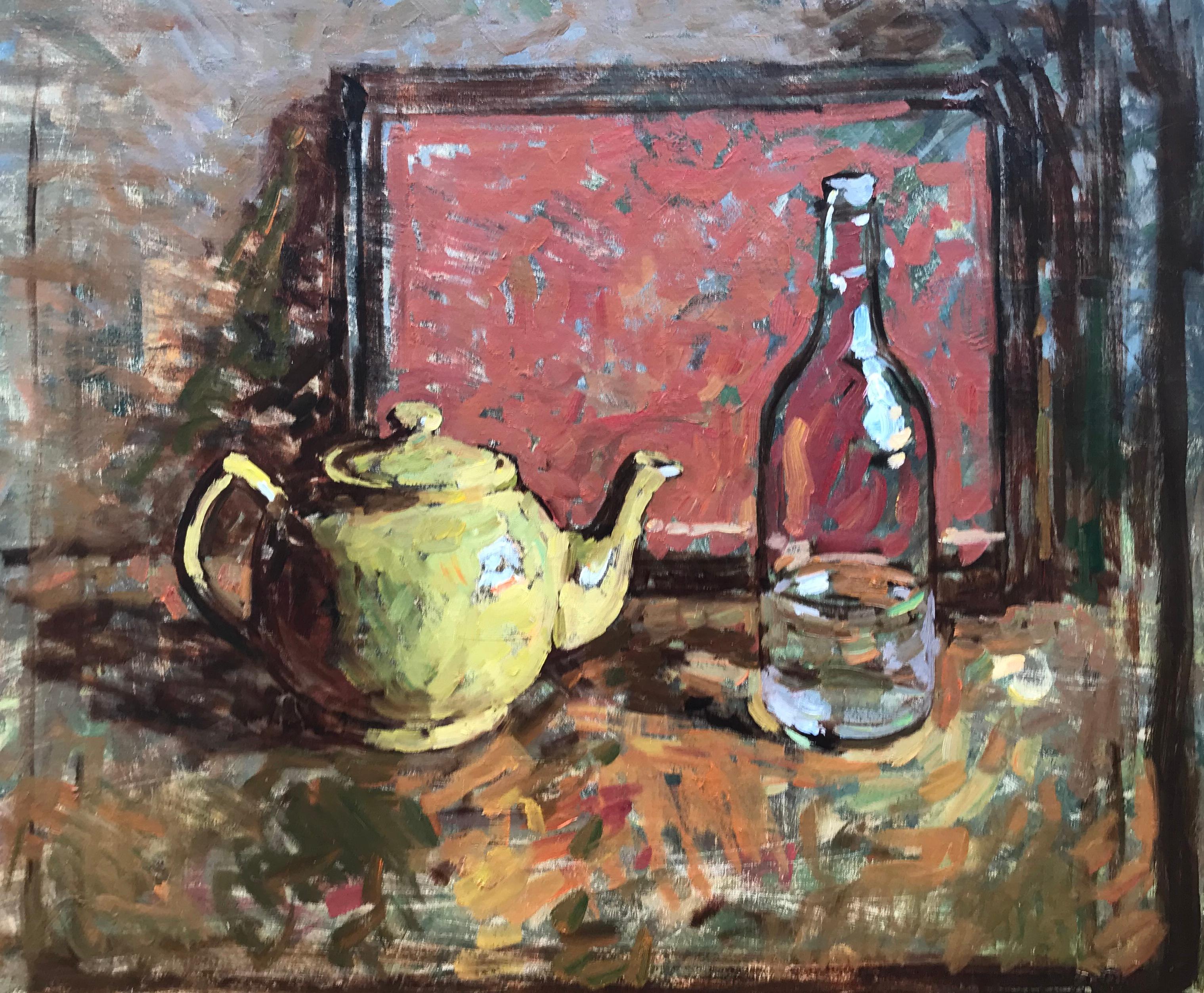 "Gelbe Teekanne" helles impressionistisches Stillleben mit rotem Tablett und Glasflasche