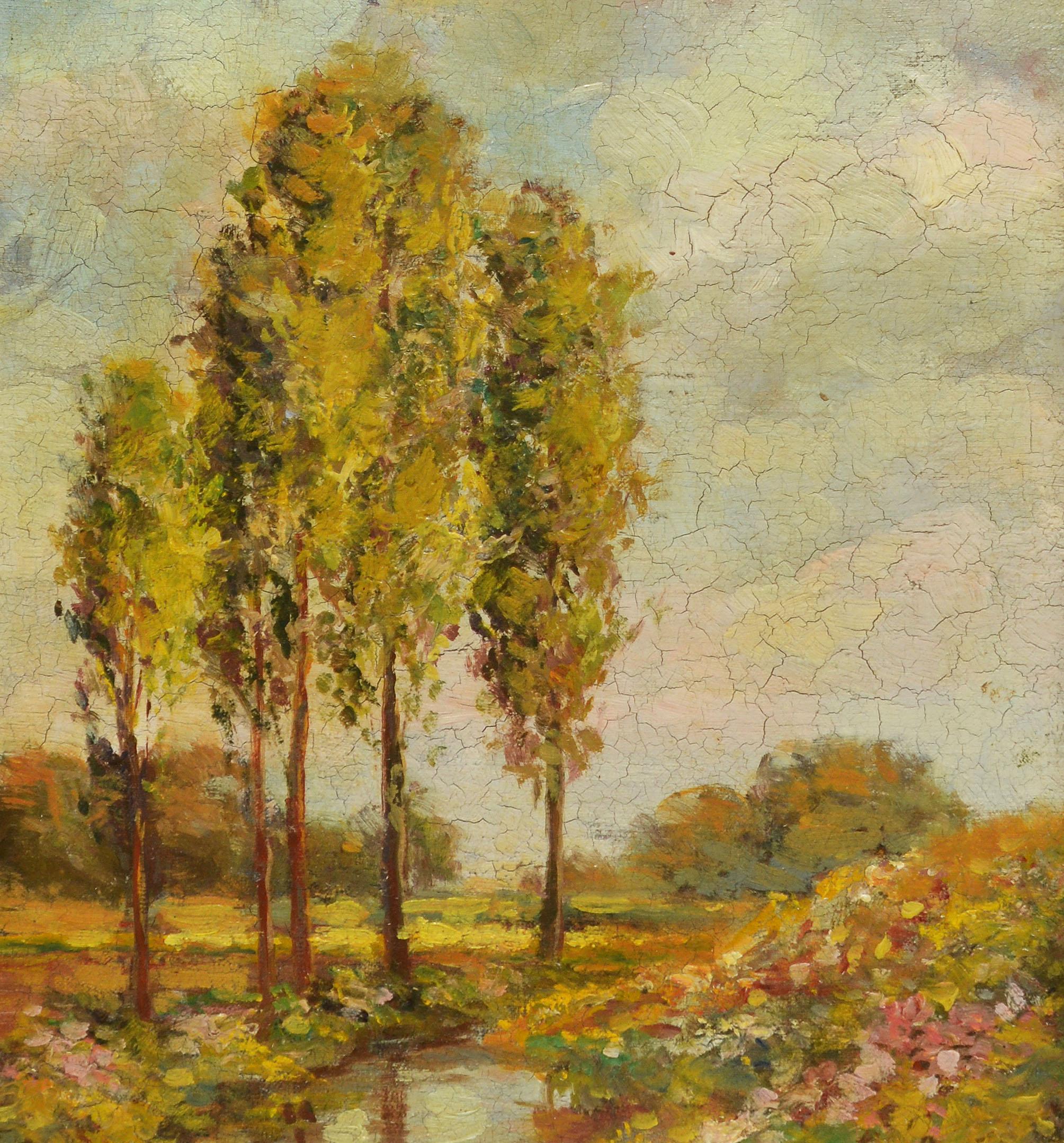 Impressionist landscape with flowers by Ben Foster  (1852 - 1926).  Oil on board, circa 1890.  Signed lower right.   Displayed in a giltwood frame.  Image size, 10