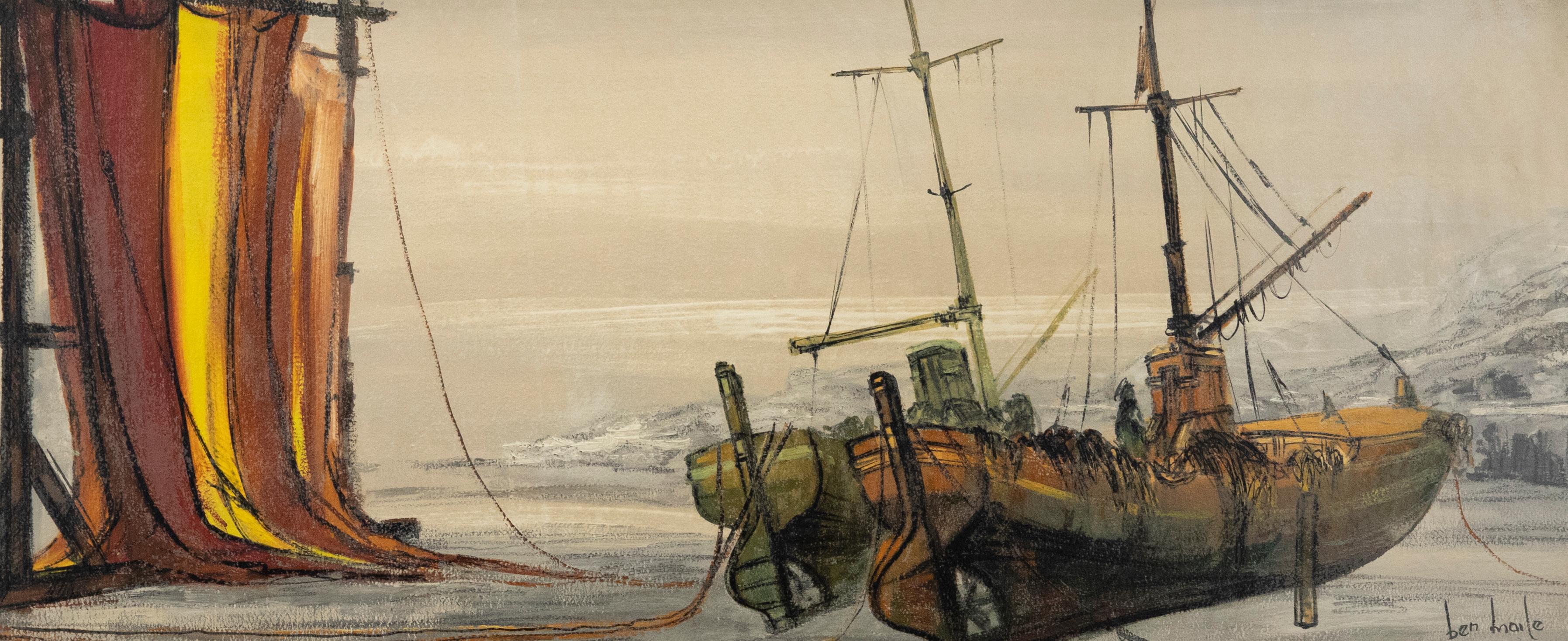 Ben Maile (1922-2017) - 20th Century Mixed Media, Boats at Low Tide For Sale 1