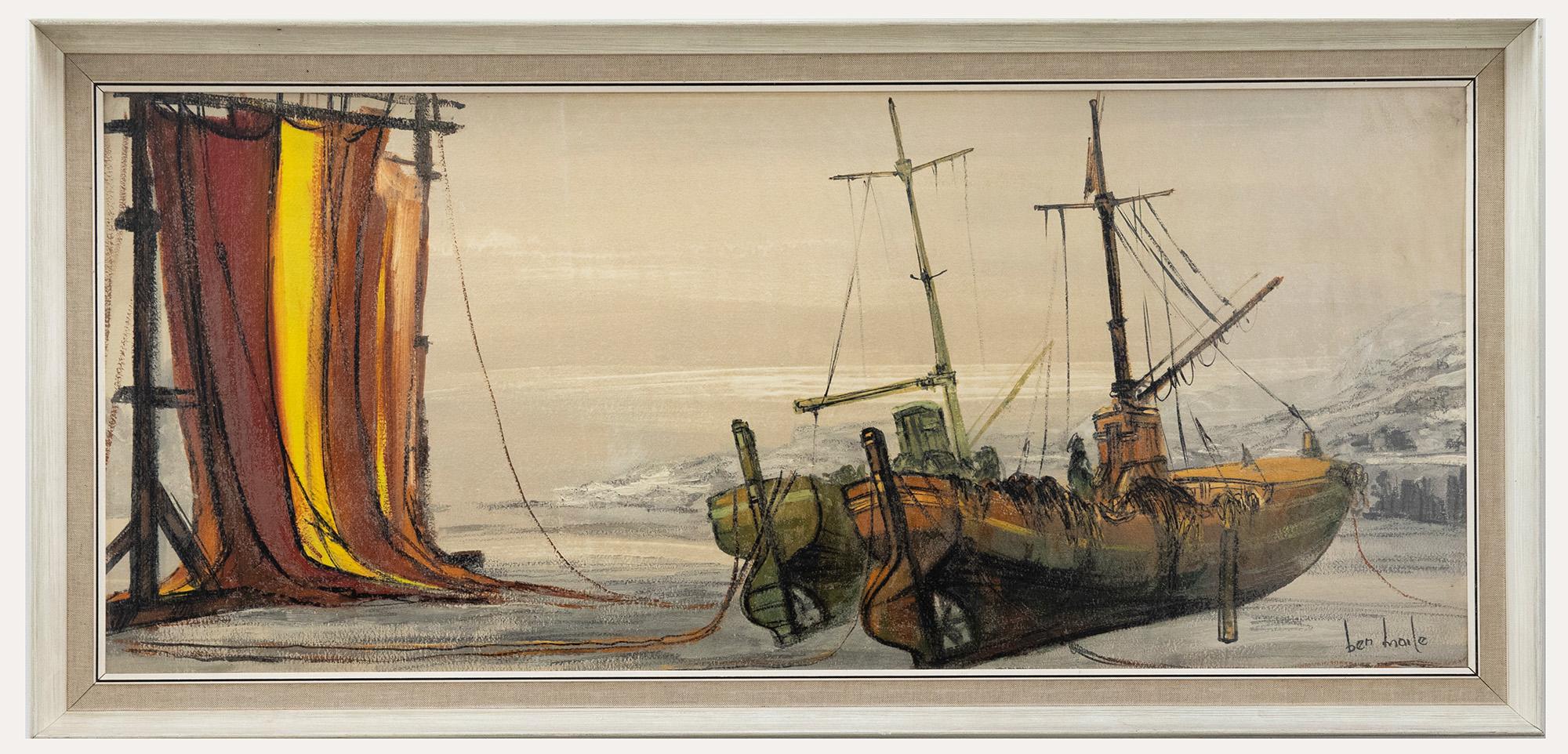A delightful study of fishing boats at low tide in oil with ink details. Signed to the lower right. Presented in a wooden frame with a cotton slip. On paper laid to board.
