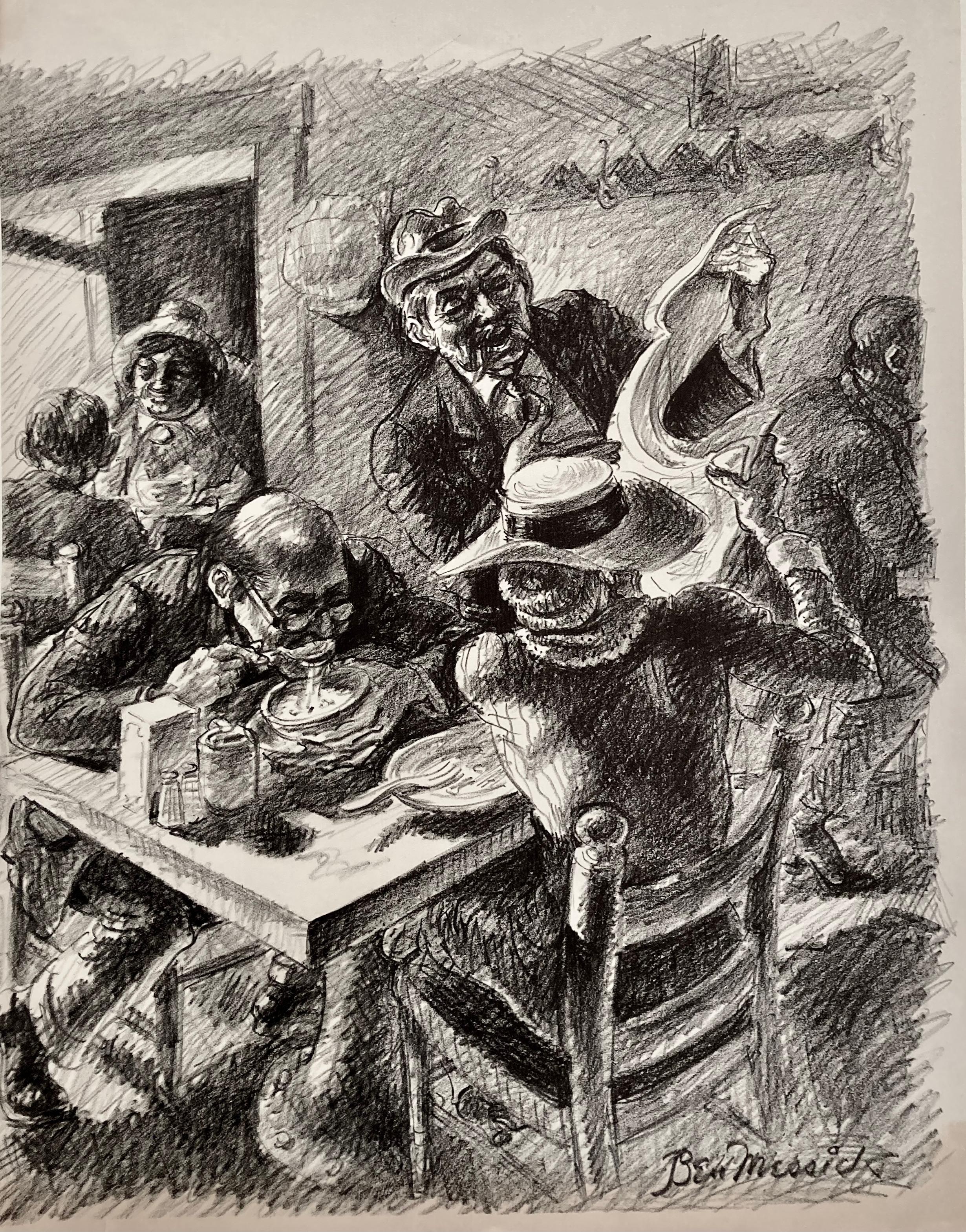 Ben Messick perfectly captures the world of the 'Ashcan' period: Everyday life, local characters, people we could still meet today. He could draw like a son-of-a-gun! And this is a very complex composition. The date of 1940 is an estimate.

He