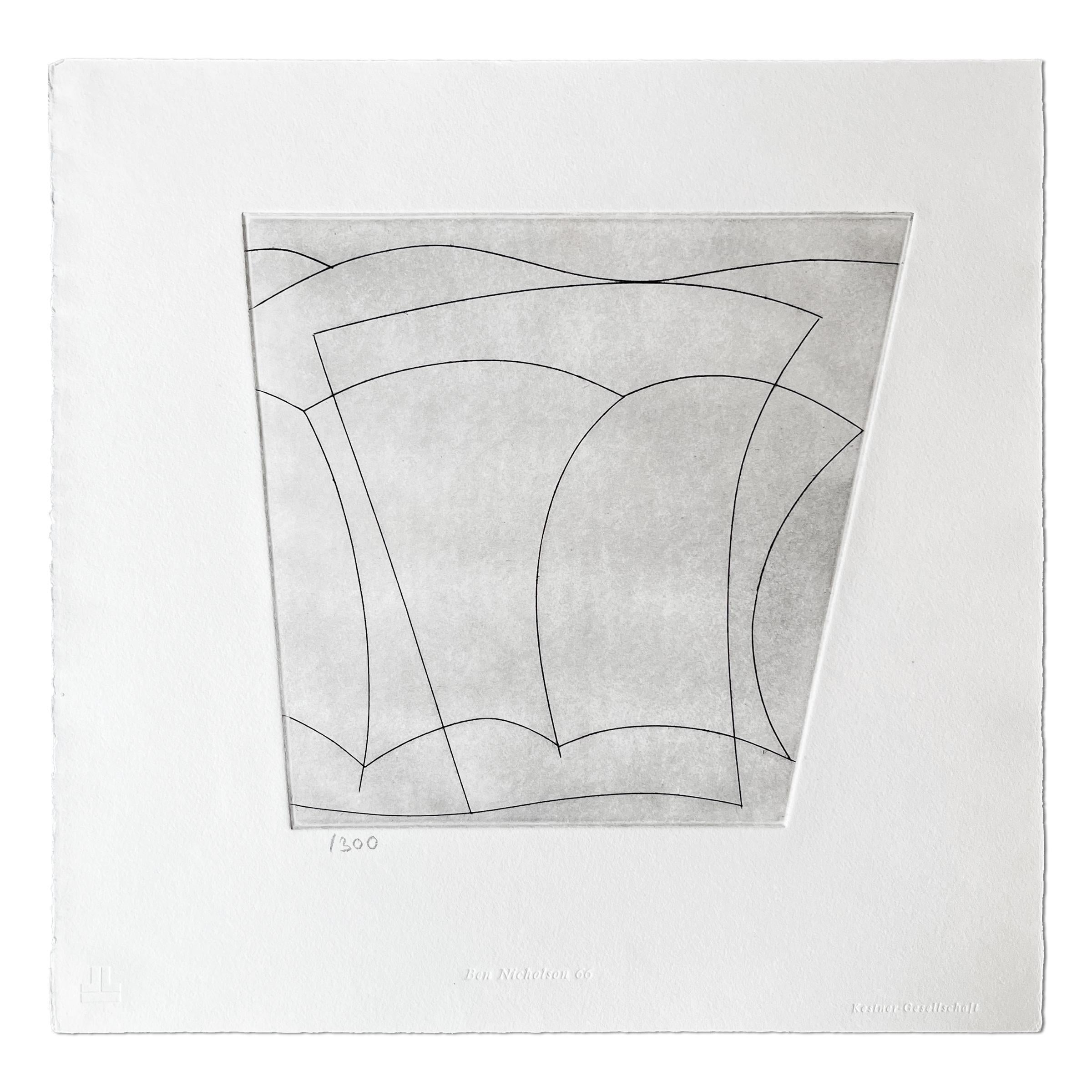 Ben Nicholson (British, 1894-1982)
Forms in Landscape, 1966
medium: Etching on wove paper
Dimensions: 12 2/5 × 12 7/10 in  31.6 × 32.2 cm
Edition of 300: Numbered in pencil, not signed
Condition: Very good