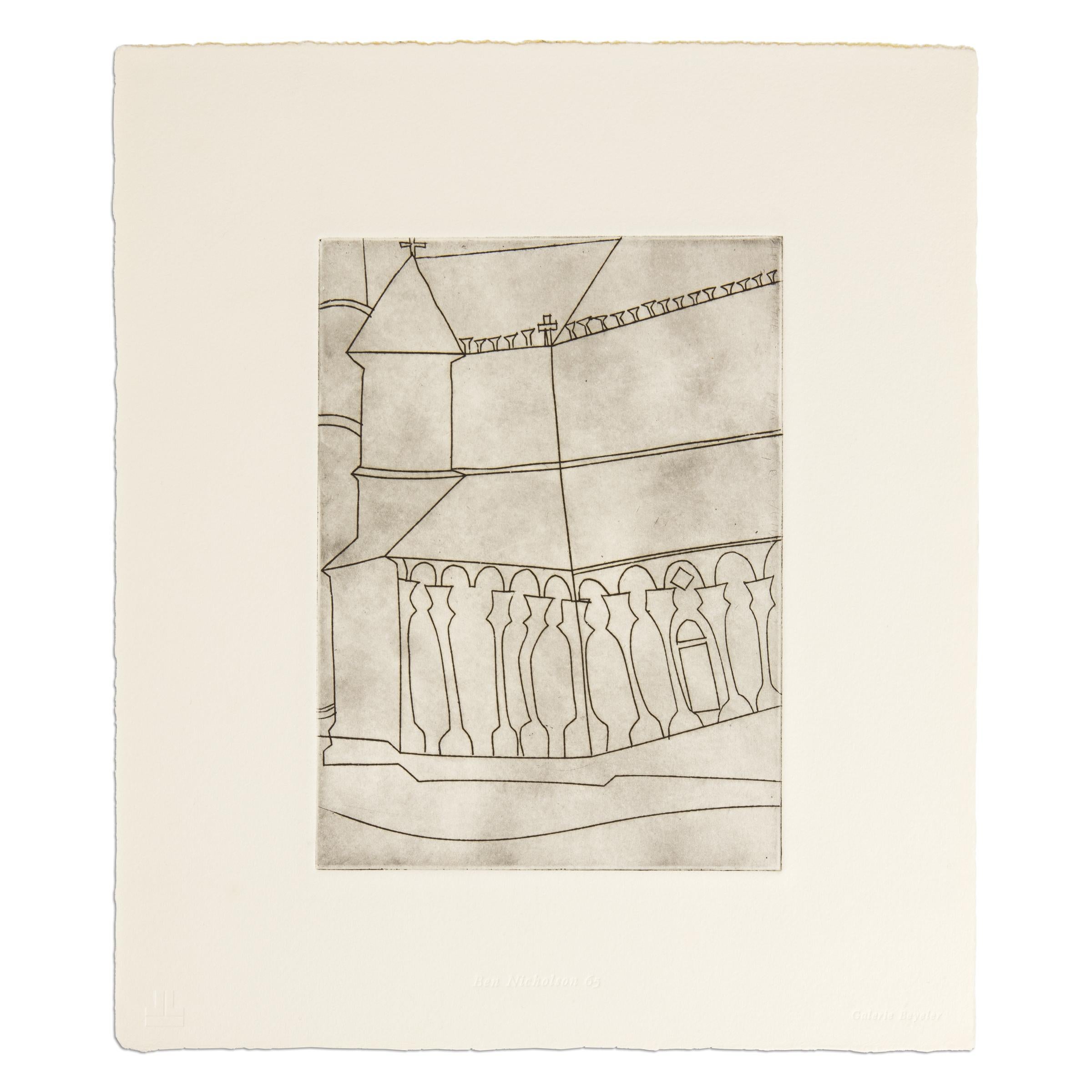 Ben Nicholson (britannique, 1894-1982)
Fragment de cathédrale toscane, 1966
Support : Gravure sur papier BFK Rives (en vrac dans la pochette originale de justification en papier)
Dimensions : 12 4/5 × 10 3/5 in (32,5 × 27 cm)
Édition de 380