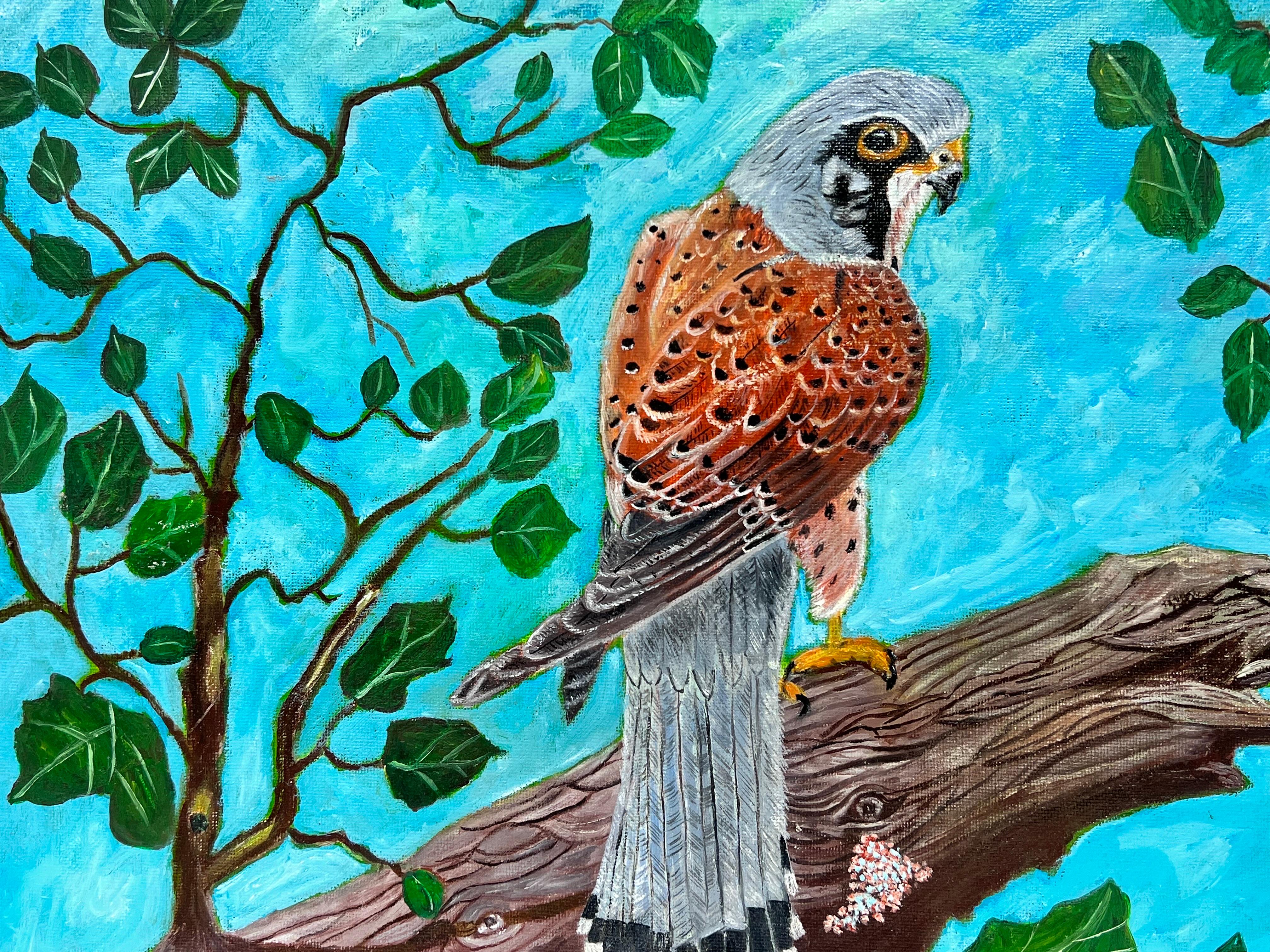 Bird of Prey in Tree against Blue Sky Contemporary British Painting For Sale 1