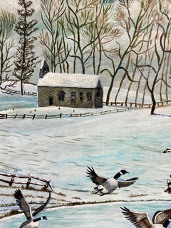 British Modern Oil Painting Geese in Winter Landscape on Frozen Lake