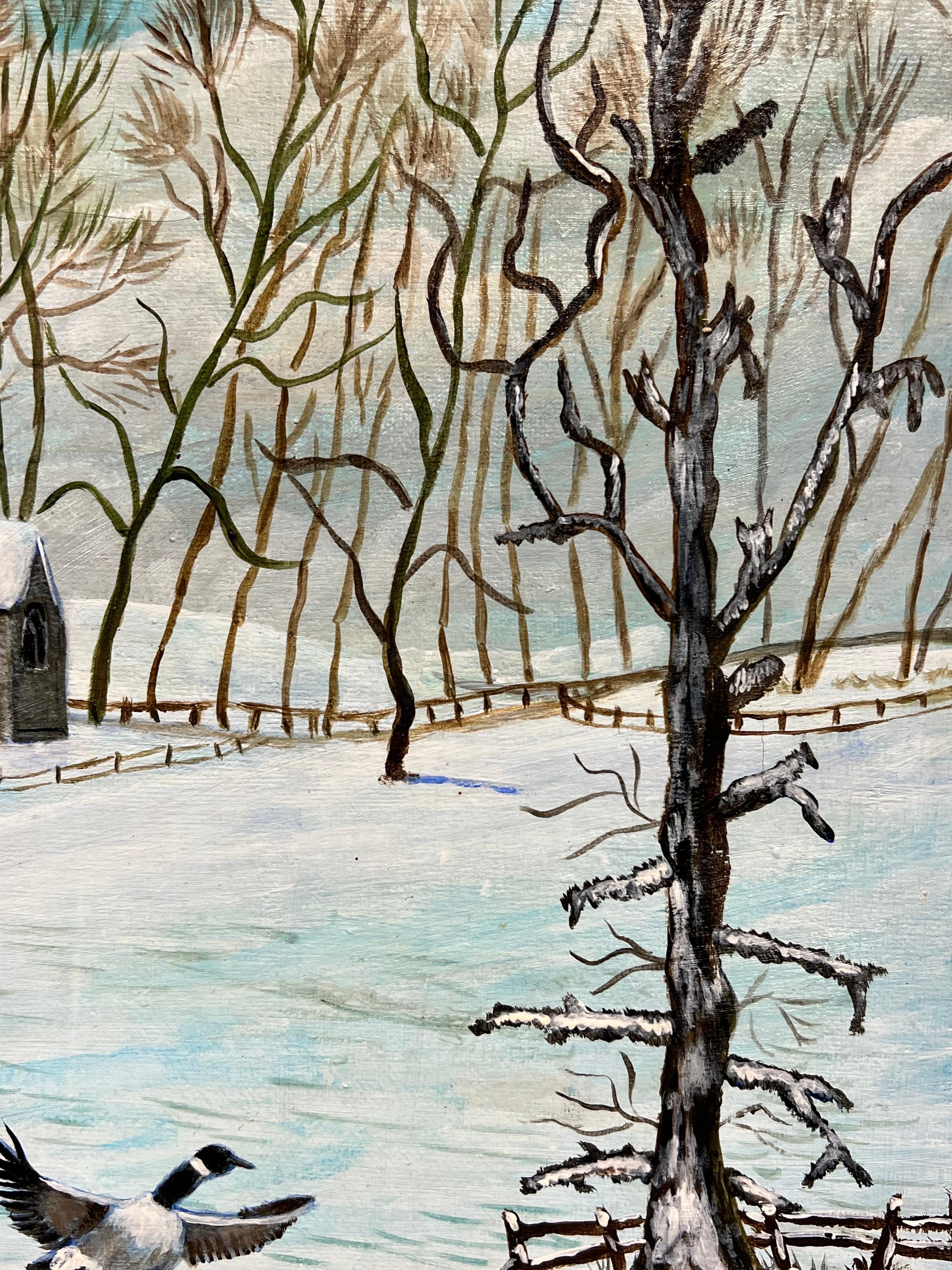 Britisches modernes Ölgemälde Gänseblümchen in Winterlandschaft auf eingefrorenem See, Ölgemälde (Grau), Landscape Painting, von Ben Powell