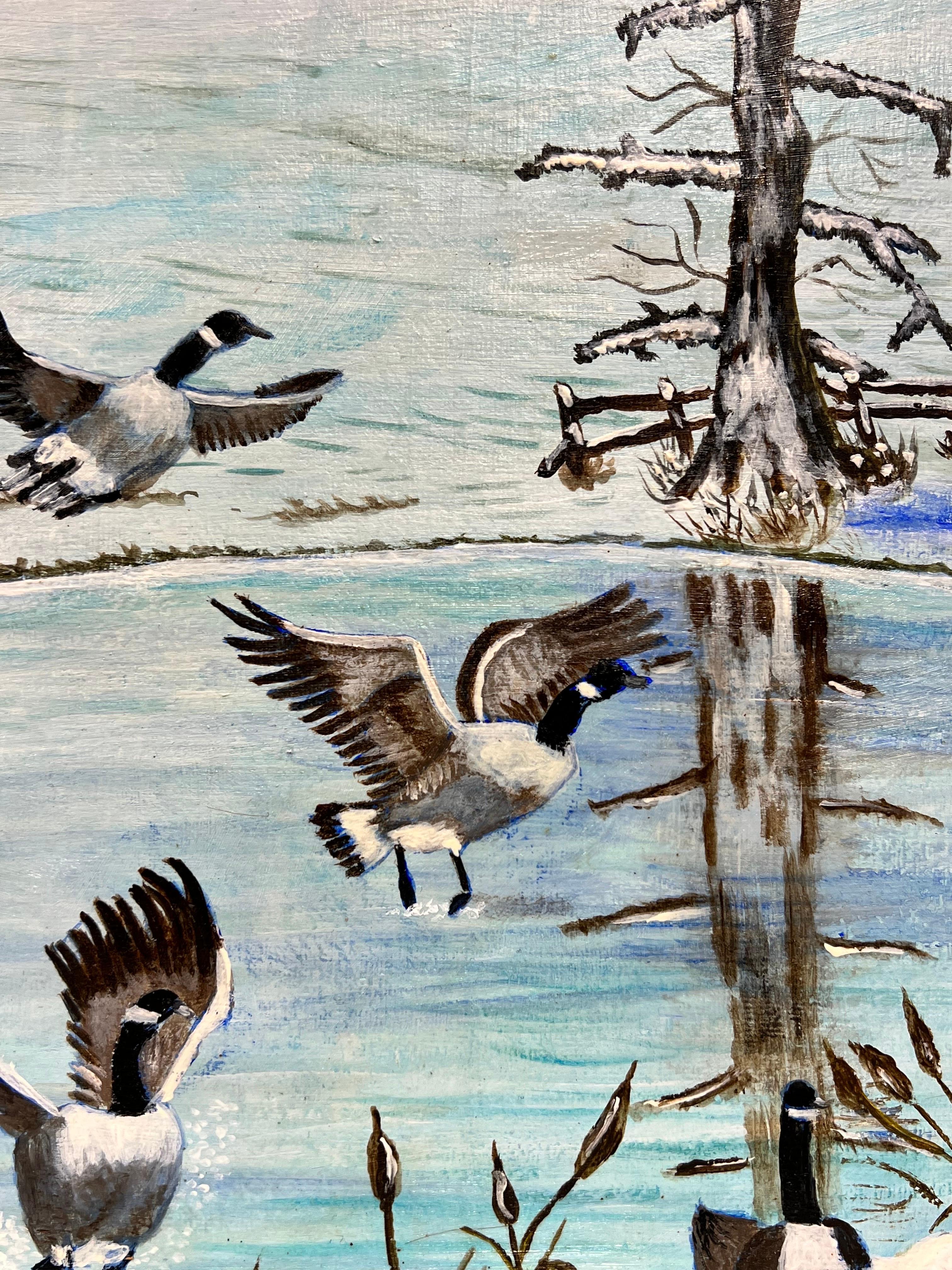 British Modern Oil Painting Geese in Winter Landscape on Frozen Lake For Sale 2