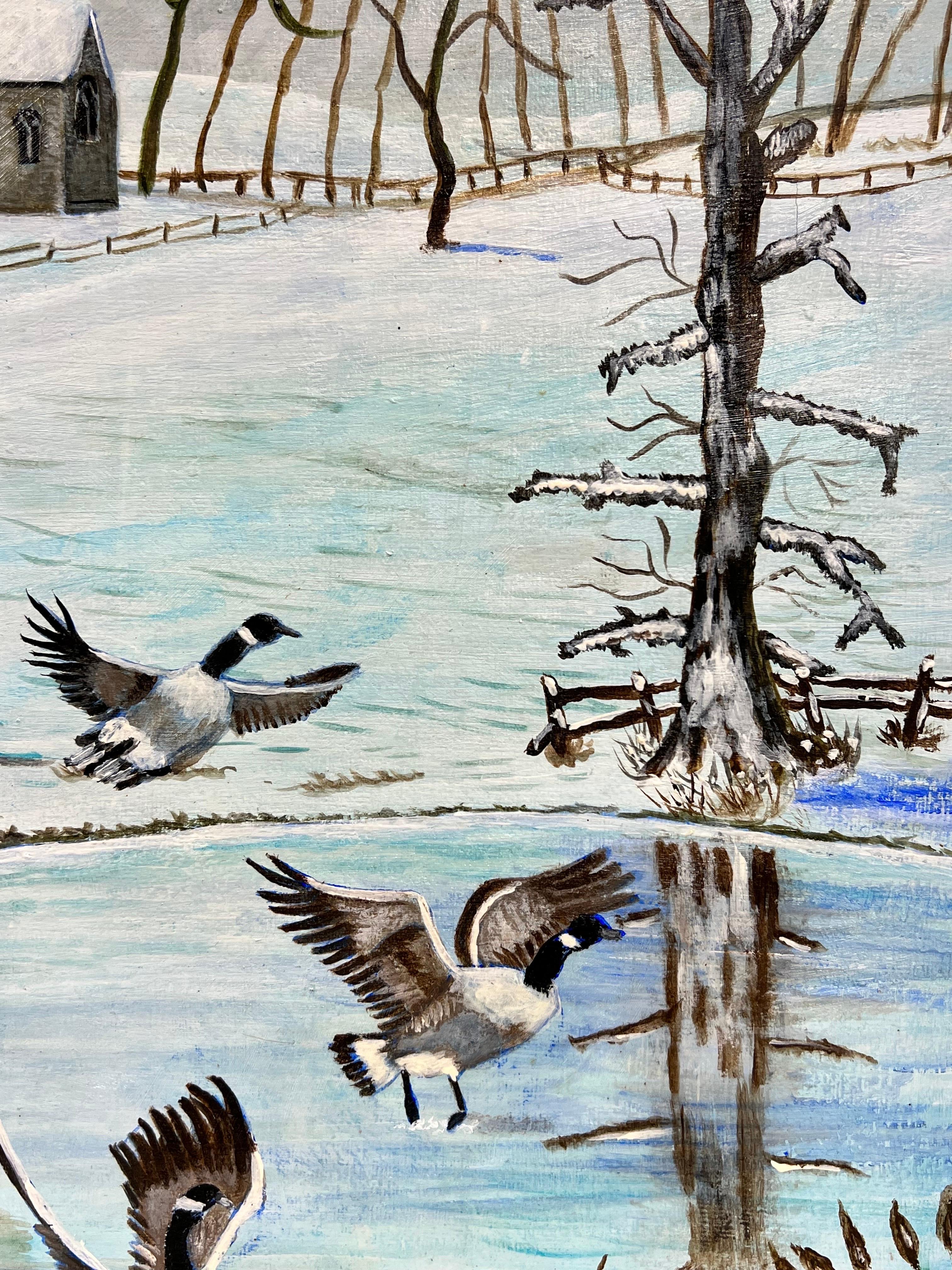 British Modern Oil Painting Geese in Winter Landscape on Frozen Lake For Sale 3