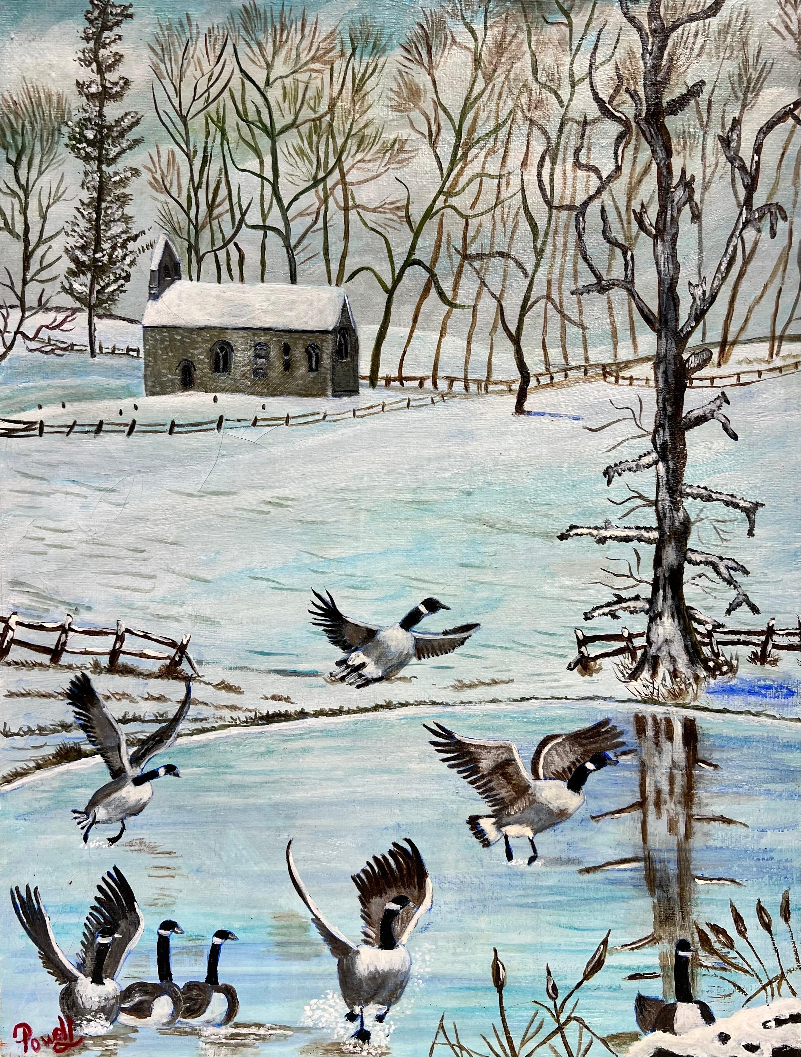Ben Powell Landscape Painting - British Modern Oil Painting Geese in Winter Landscape on Frozen Lake