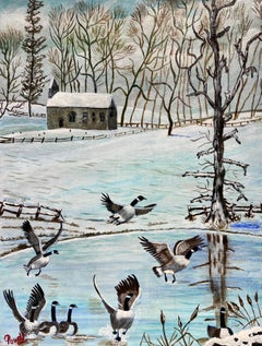 British Modern Oil Painting Geese in Winter Landscape on Frozen Lake