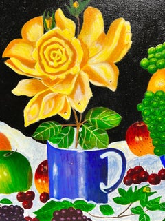 Colorful Contemporary British Abstract Still Life Oil Painting Fruit & Flowers