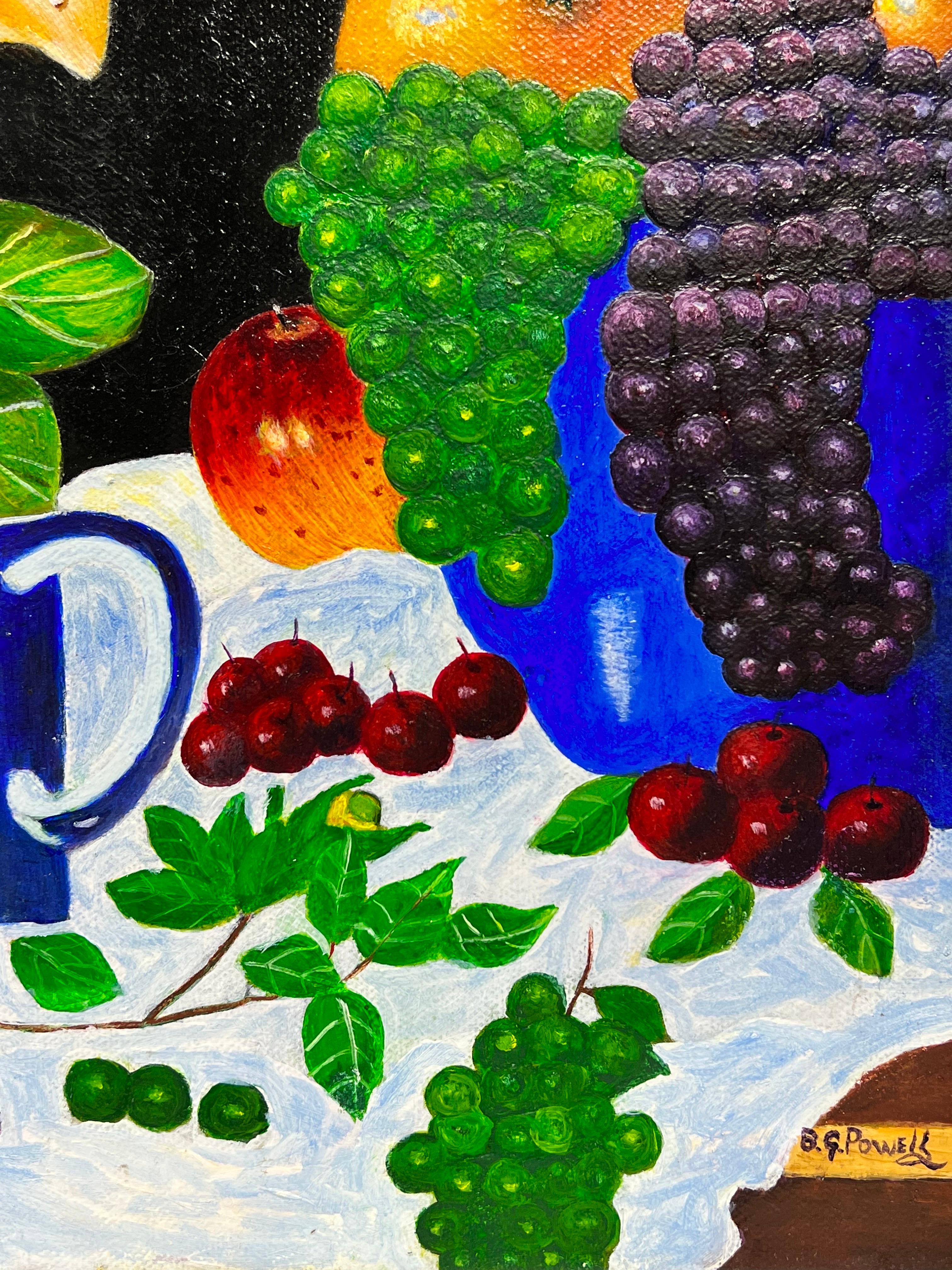Coloratissima natura morta astratta britannica contemporanea dipinta ad olio Frutta e fiori - Painting Moderno di Ben Powell