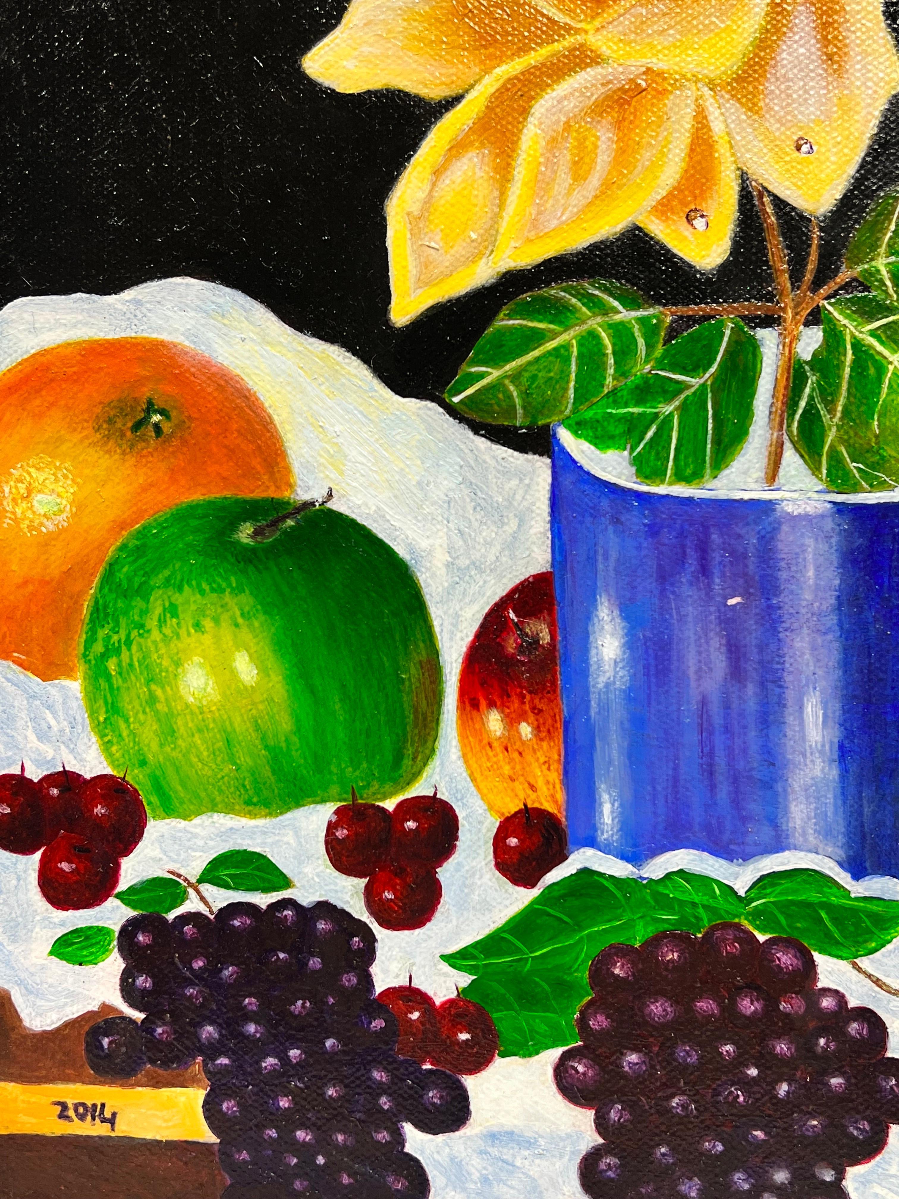 Colorful Contemporary British Abstract Still Life Oil Painting Fruit & Flowers For Sale 3