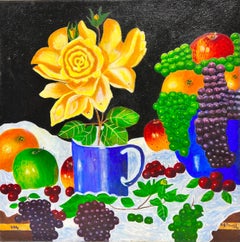 Colorful Contemporary British Abstract Still Life Oil Painting Fruit & Flowers